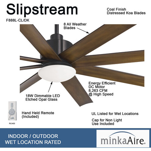 Slipstream 65 inch Coal with Distressed Koa Blades Outdoor Ceiling Fan in Coal/Distressed Koa