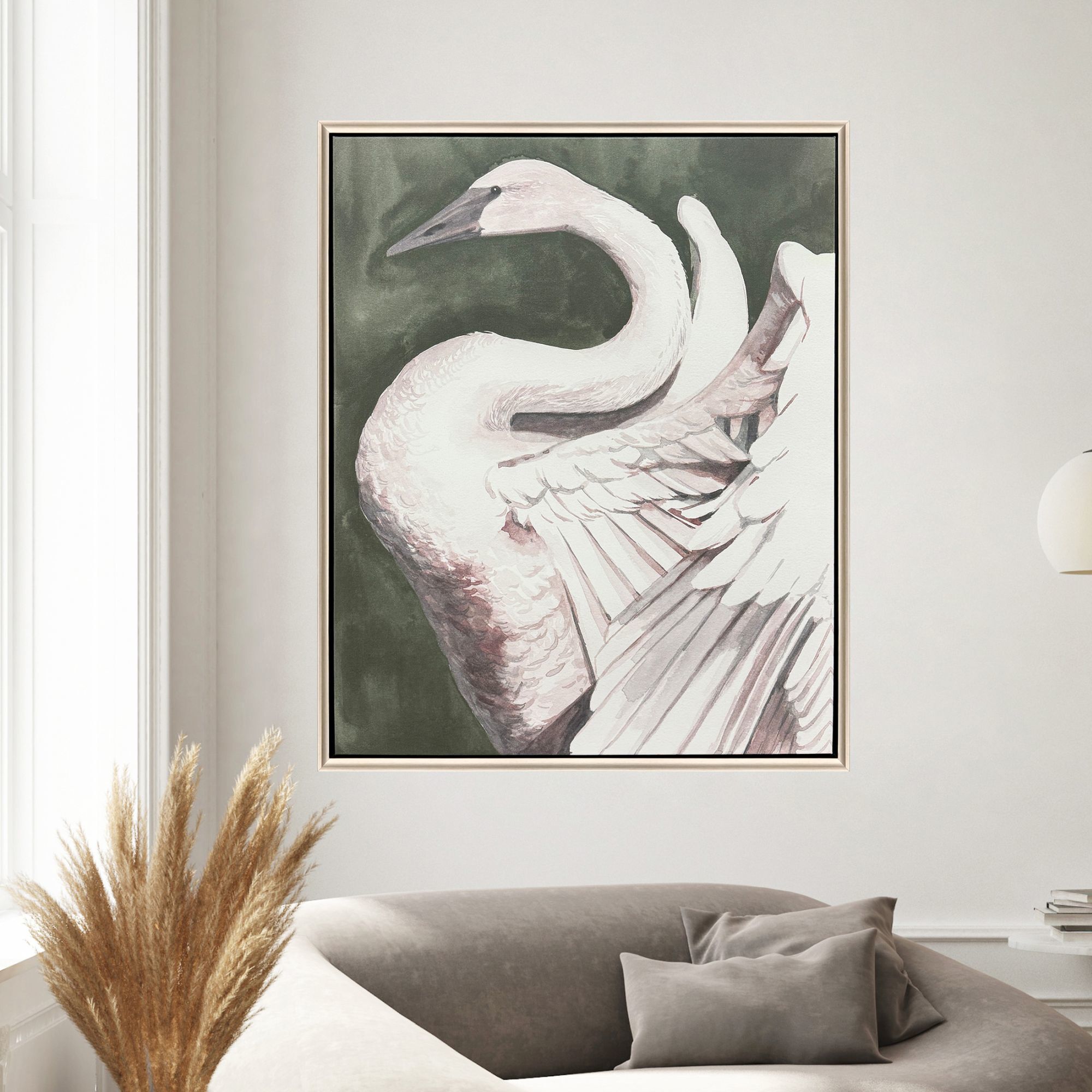 Swan Dance White and Brown and Gray and Green Canvas