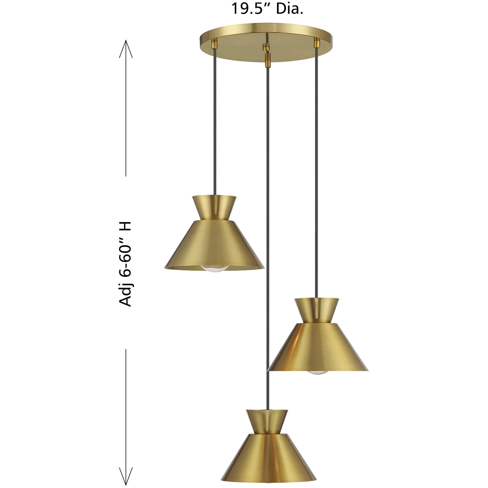 Mid-Century Modern 3 Light 19.5 inch Natural Brass Multi-Point Chandelier Ceiling Light