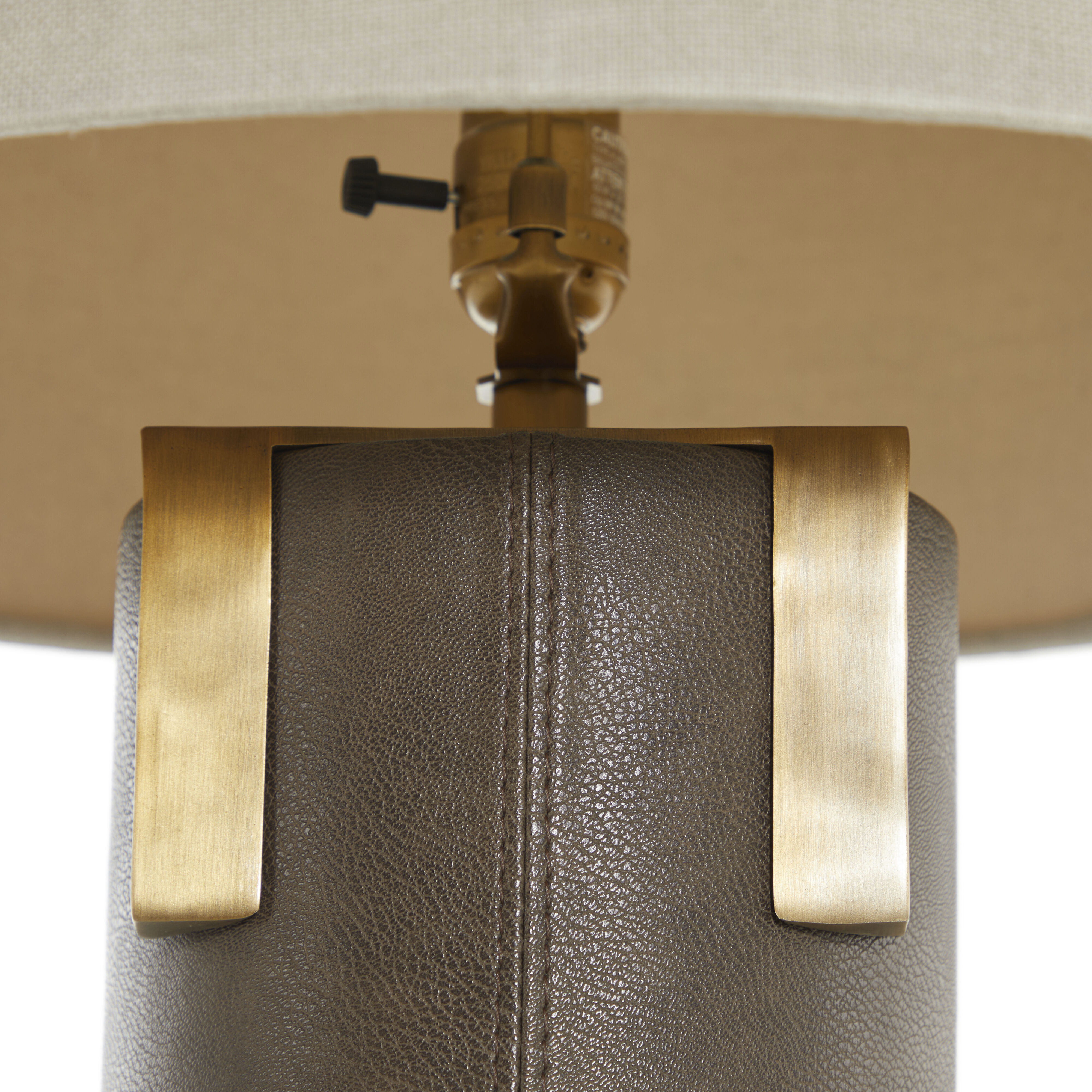 Bronx 29 inch Brushed Antique Brass and Dark Brown Leather with Beige Linen Table Lamp Portable Light