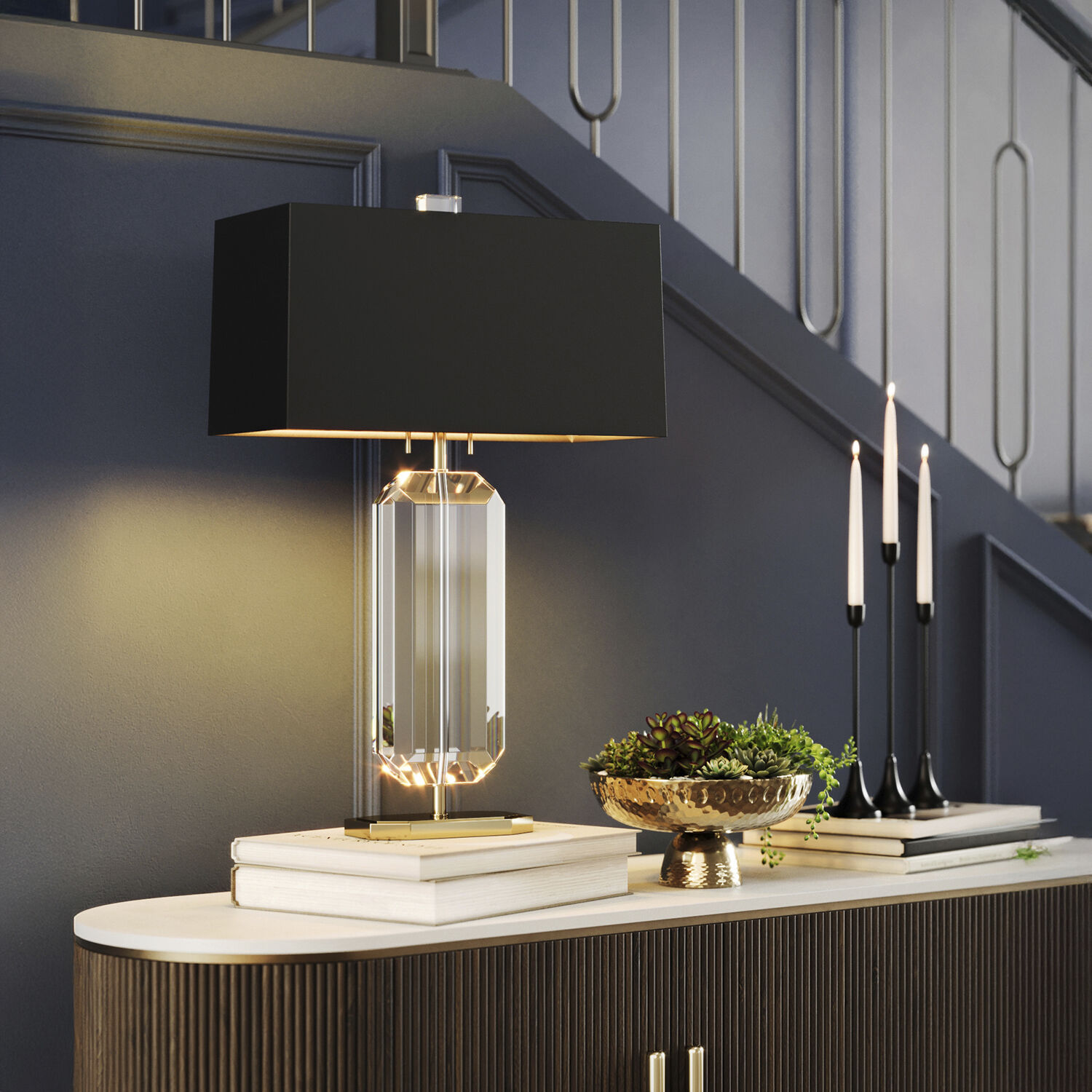 Jacqueline 29.75 inch 100 watt Modern Brass Finish with Clear Crystal Accents Table Lamp Portable Light in Black With Matte Gold