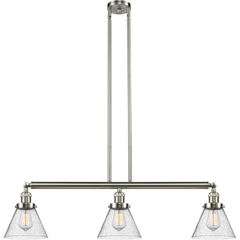 Franklin Restoration Large Cone 3 Light 40 inch Brushed Satin Nickel Island Light Ceiling Light in Seedy Glass, Franklin Restoration