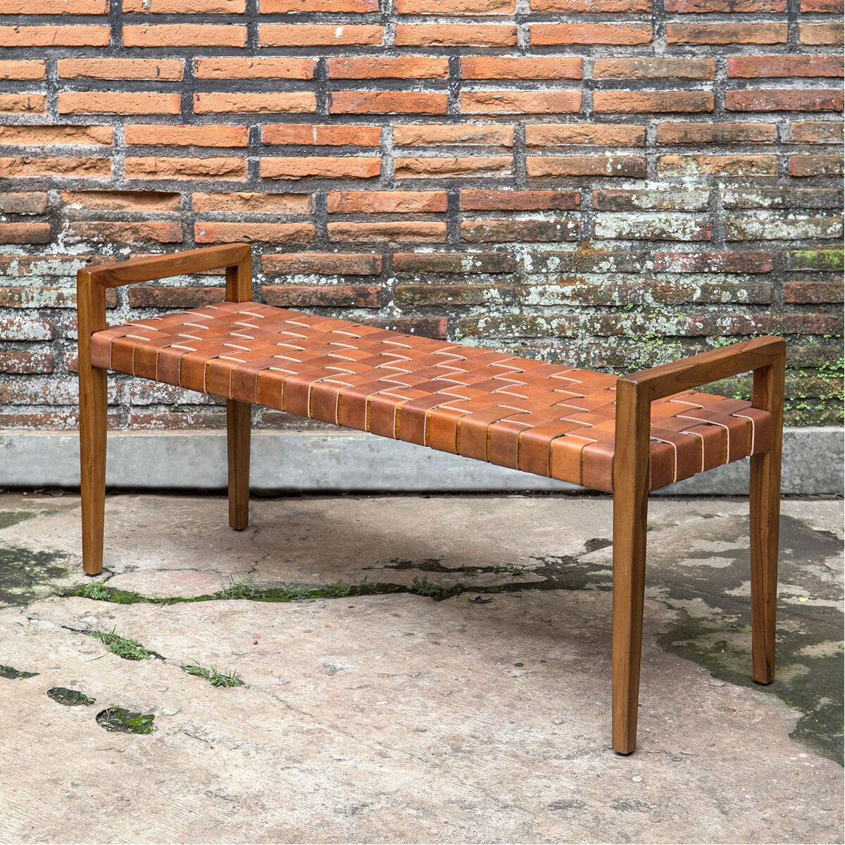 Uttermost 25474 Plait Cognac Leather Straps and Teak Wood Bench