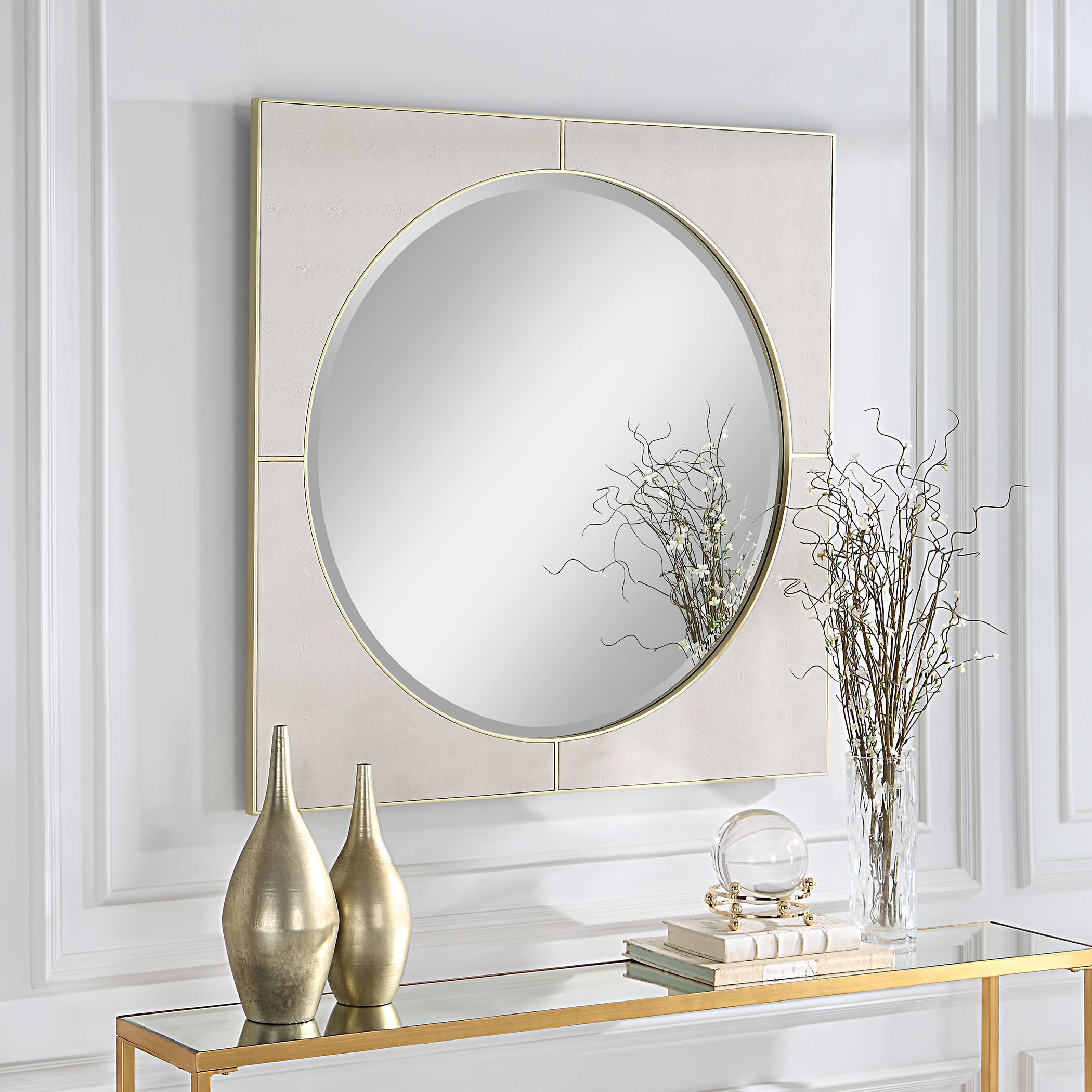 Cyprus 40 X 40 inch White Faux Shagreen Leather and Soft Gold Mirror