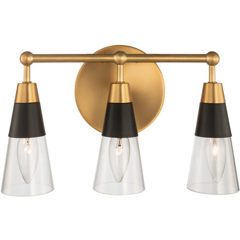 Ponti 3 Light 14 inch Matte Black with New Brass Bath Vanity Wall Light