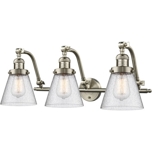 Franklin Restoration Small Cone 3 Light 28 inch Brushed Satin Nickel Bath Vanity Light Wall Light in Seedy Glass, Franklin Restoration