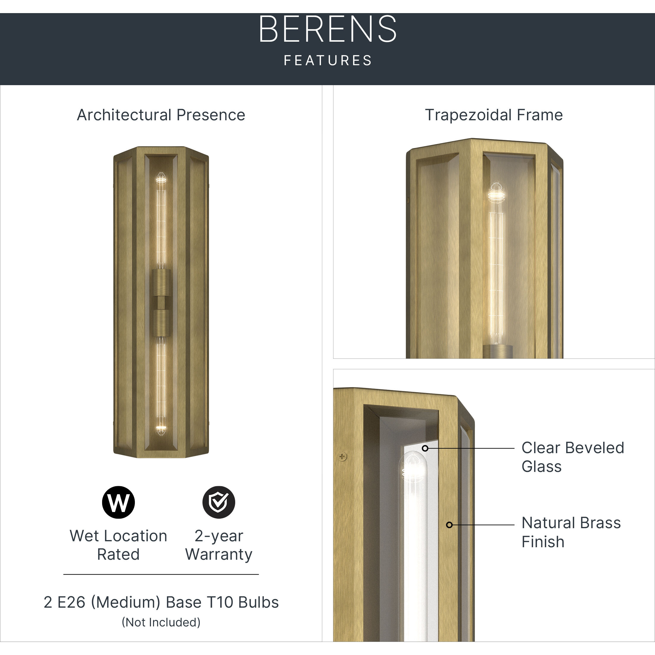 Berens 2 Light 24 inch Natural Brass Outdoor Wall Light