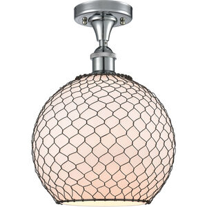 Ballston Large Farmhouse Chicken Wire LED 10 inch Polished Chrome Semi-Flush Mount Ceiling Light in White Glass with Black Wire, Ballston