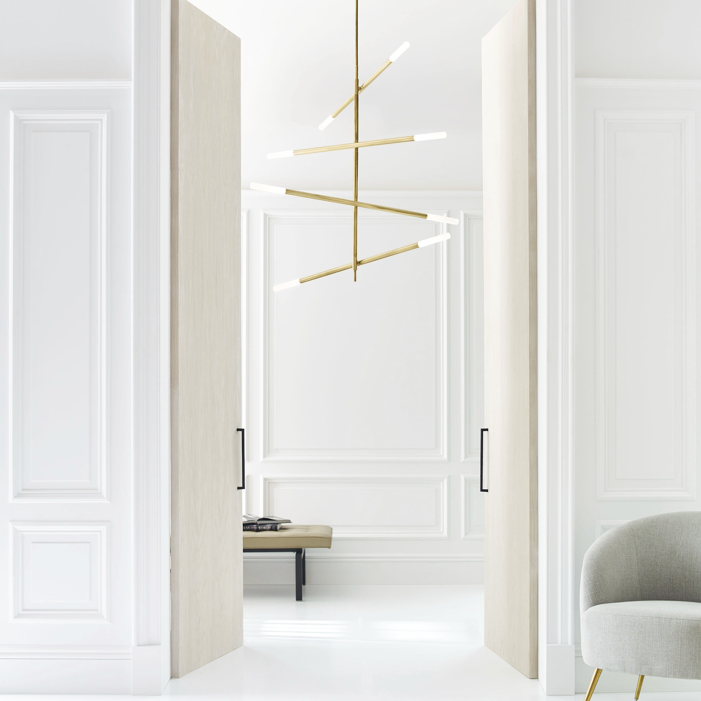 Kelly Wearstler Rousseau LED 3 inch Antique-Burnished Brass Articulating Chandelier Ceiling Light in Etched Crystal, Large