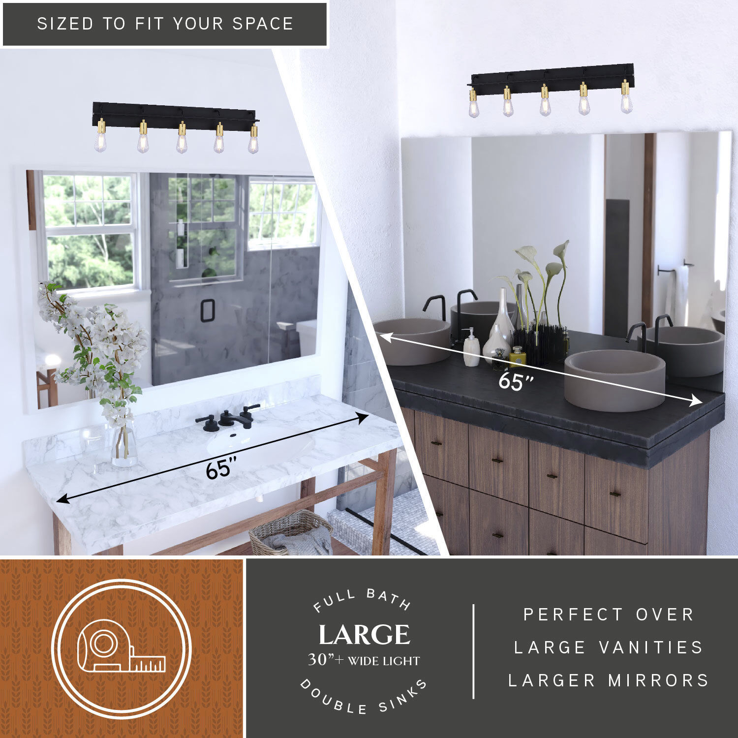 Seward Park 5 Light 36 inch Black and Satin Brass Bathroom Vanity Wall Light, Full Backplate