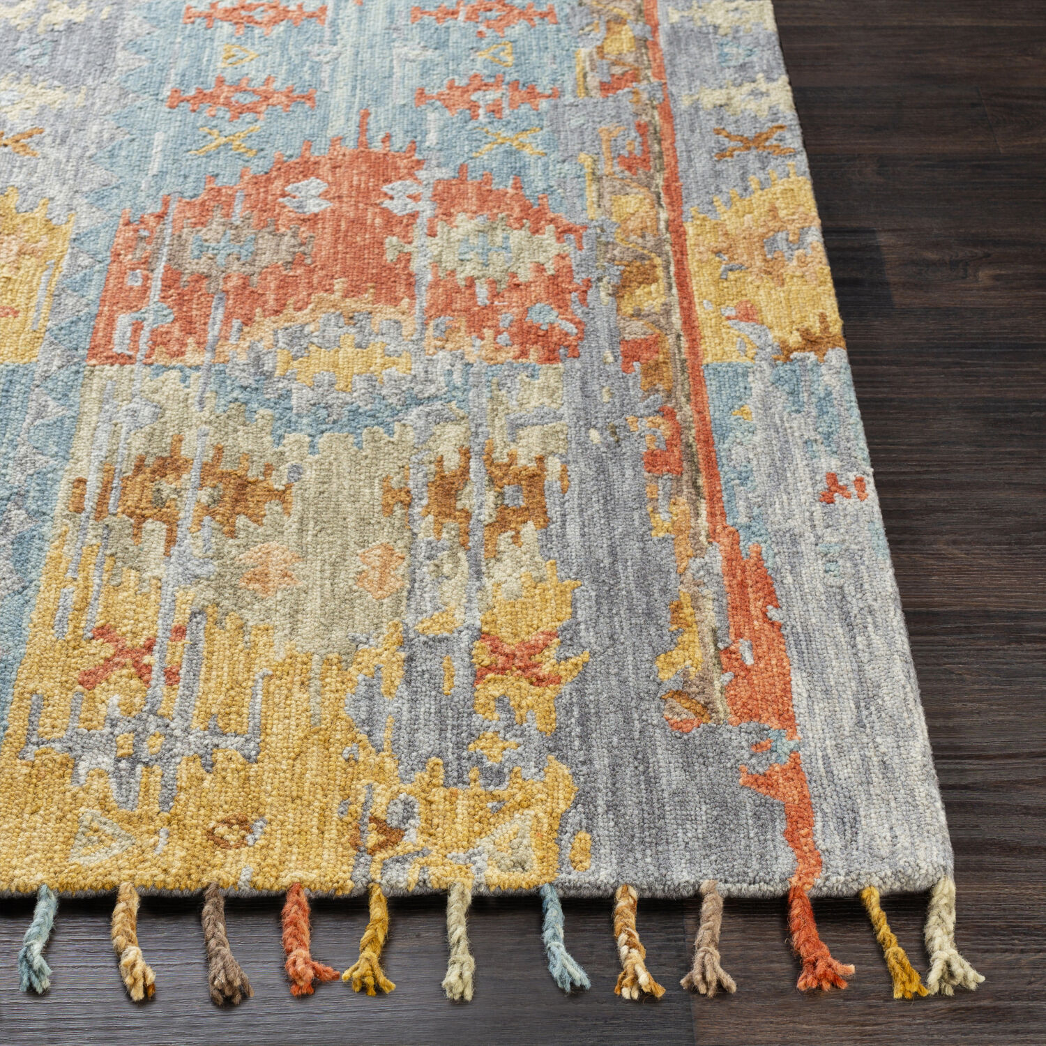 Bonifate 120 X 96 inch Rust/Medium Gray/Teal/Mustard/Light Olive/Camel Handmade Rug, Rectangle