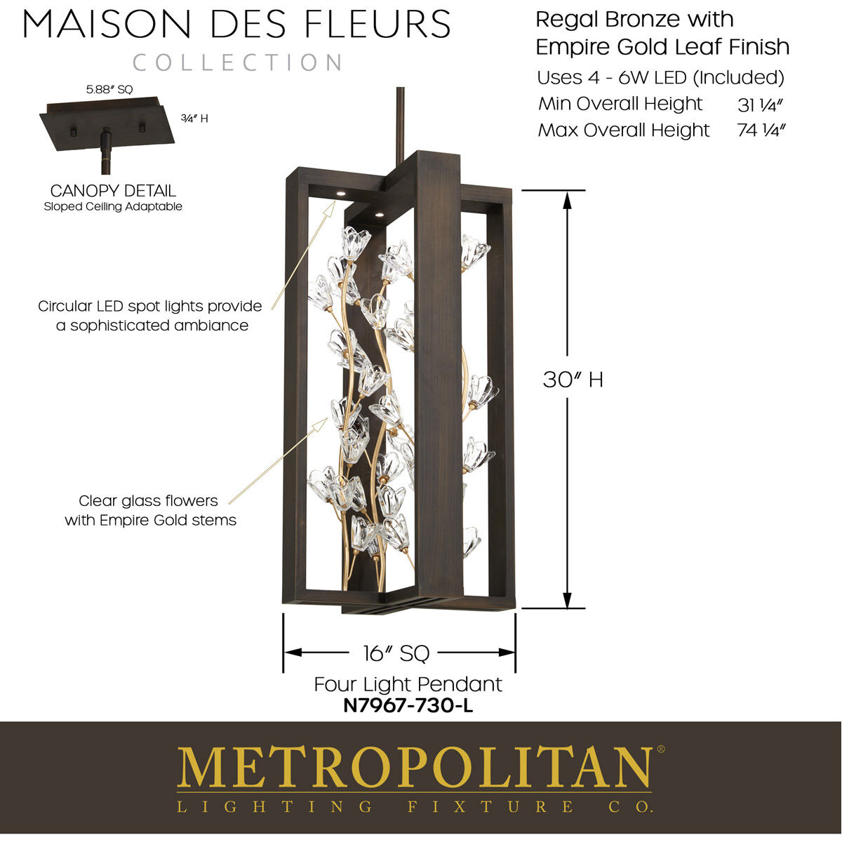 Maison Des Fleurs LED 16 inch Regal Bronze with Empire Gold Pendant Ceiling Light