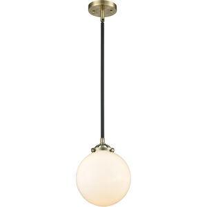 Nouveau Large Beacon LED 8 inch Black Antique Brass Mini Pendant Ceiling Light in Matte White Glass, Nouveau
