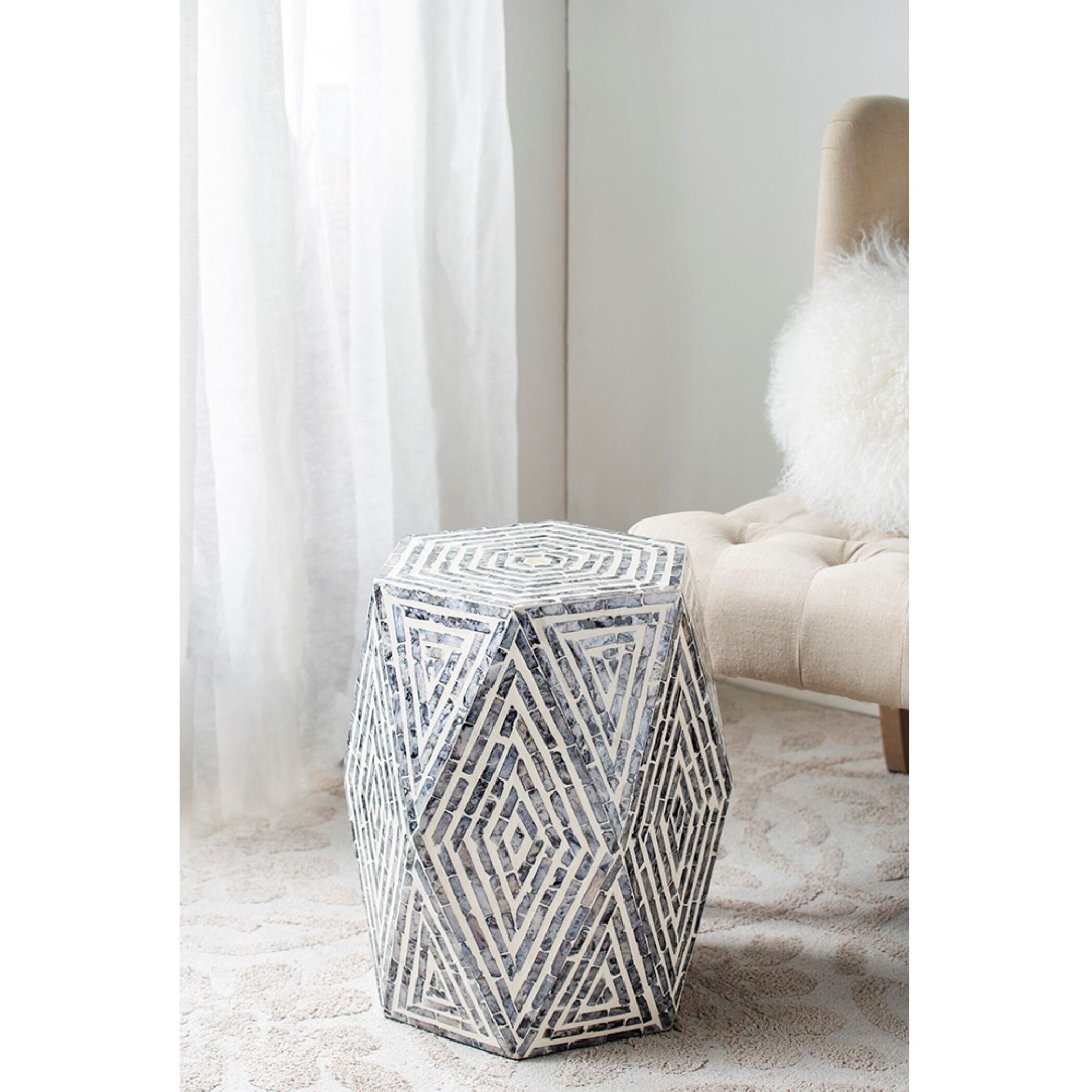 Hexagon 18.1 inch Black and White Stool, Hexagon