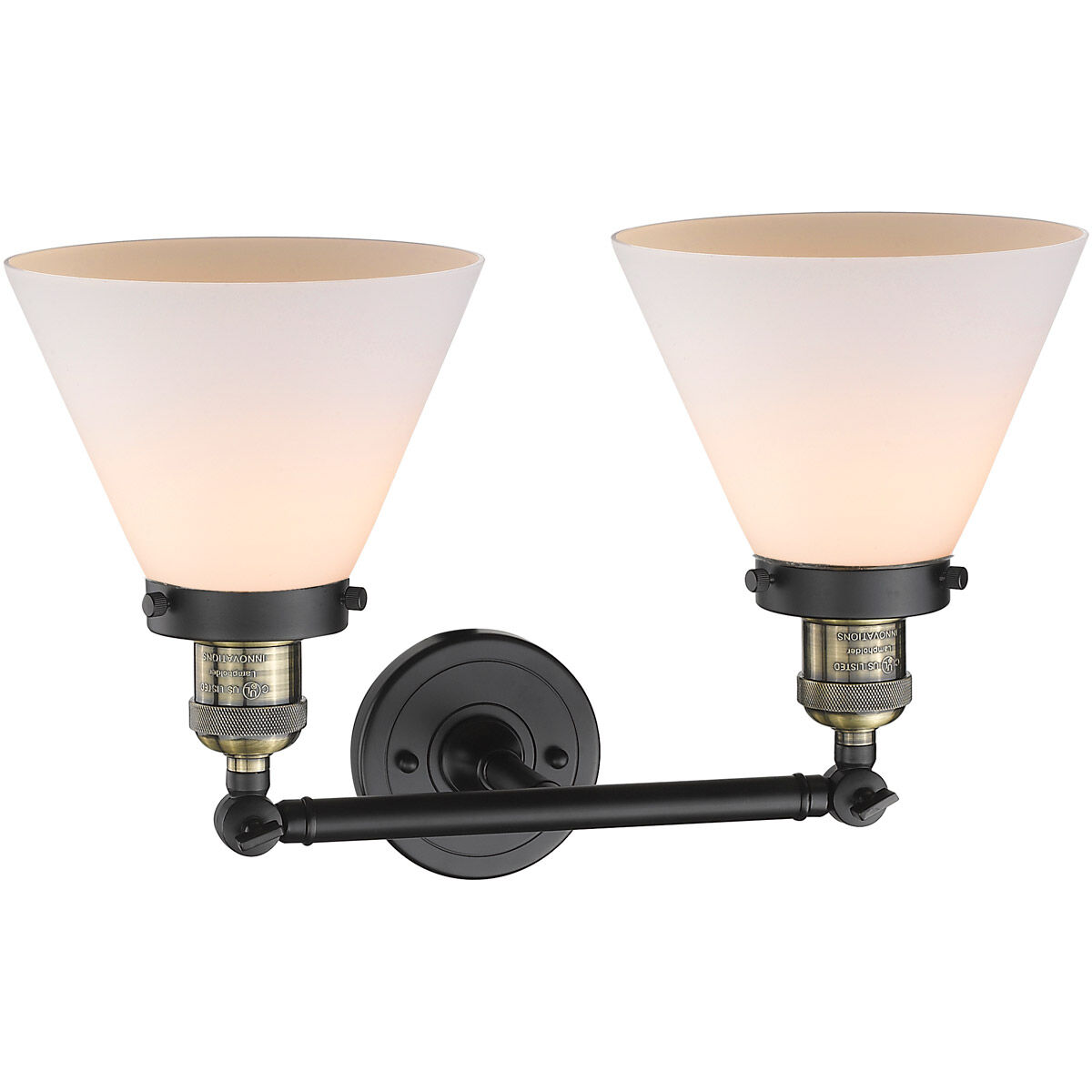 Franklin Restoration Large Cone 2 Light 18 inch Black Antique Brass Bath Vanity Light Wall Light in Matte White Glass, Franklin Restoration