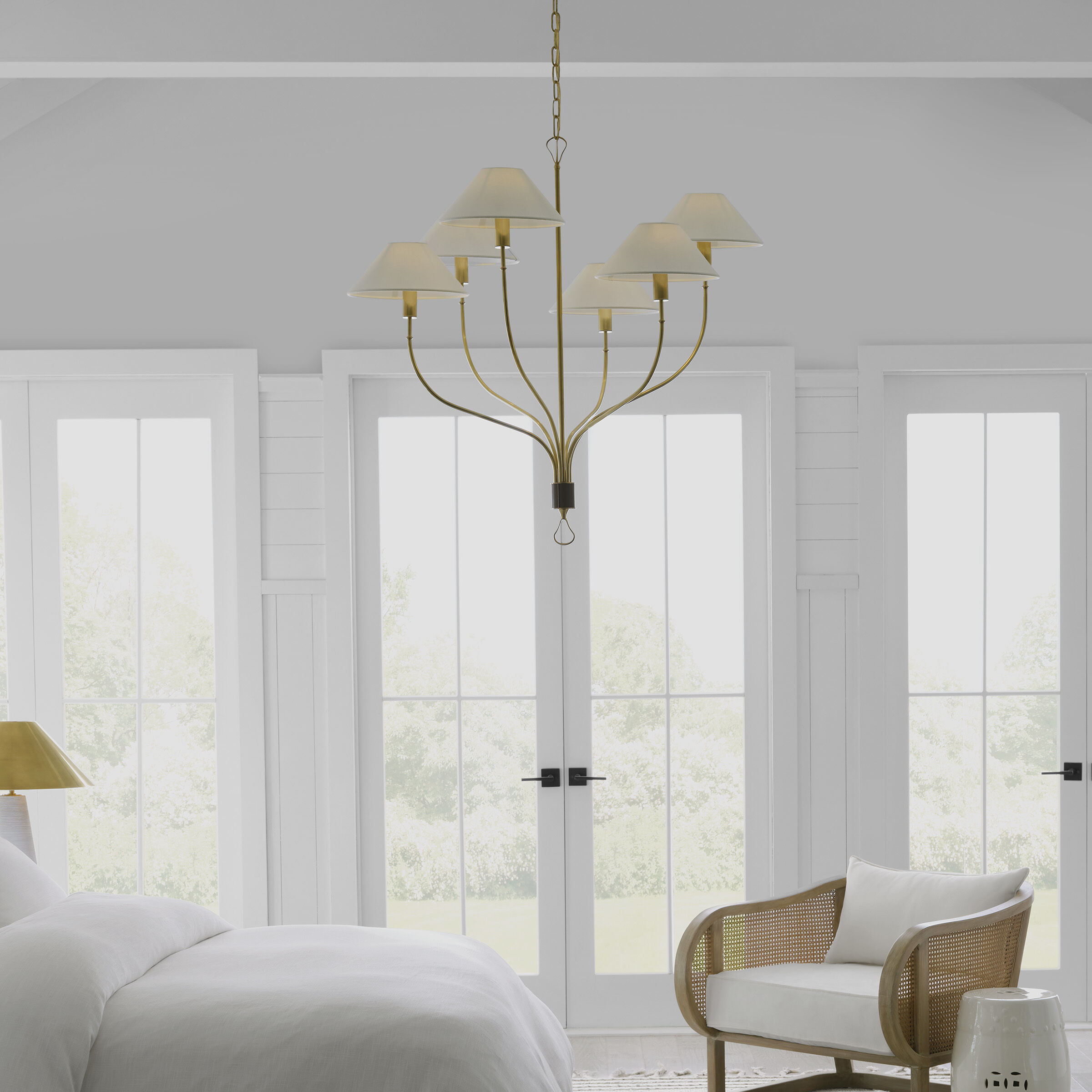 Amber Lewis Griffin LED 36.5 inch Hand-Rubbed Antique Brass and Saddle Leather Staggered Tail Chandelier Ceiling Light, Large