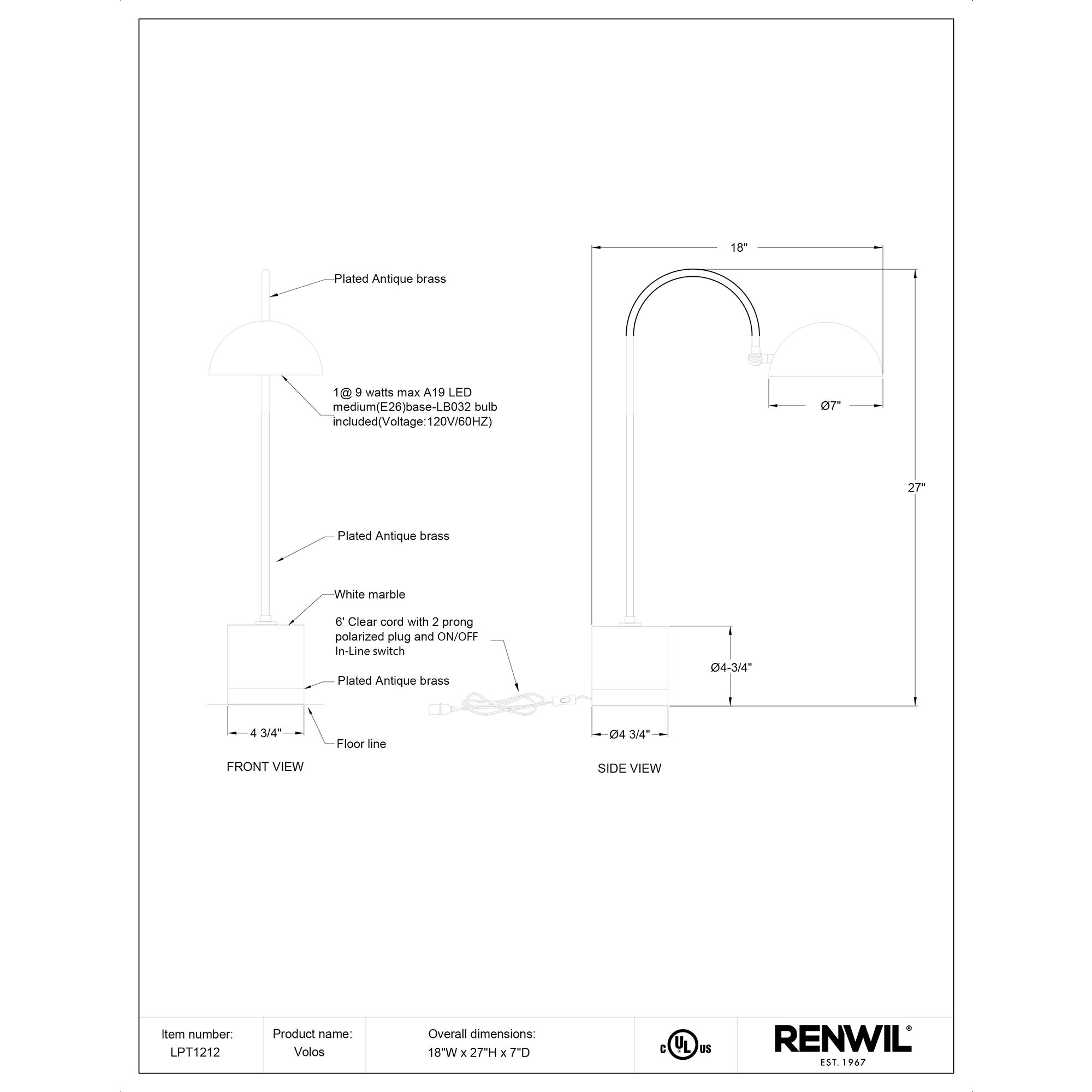 Volos 27 inch 100 watt Antique Brass and White Table Lamp Portable Light
