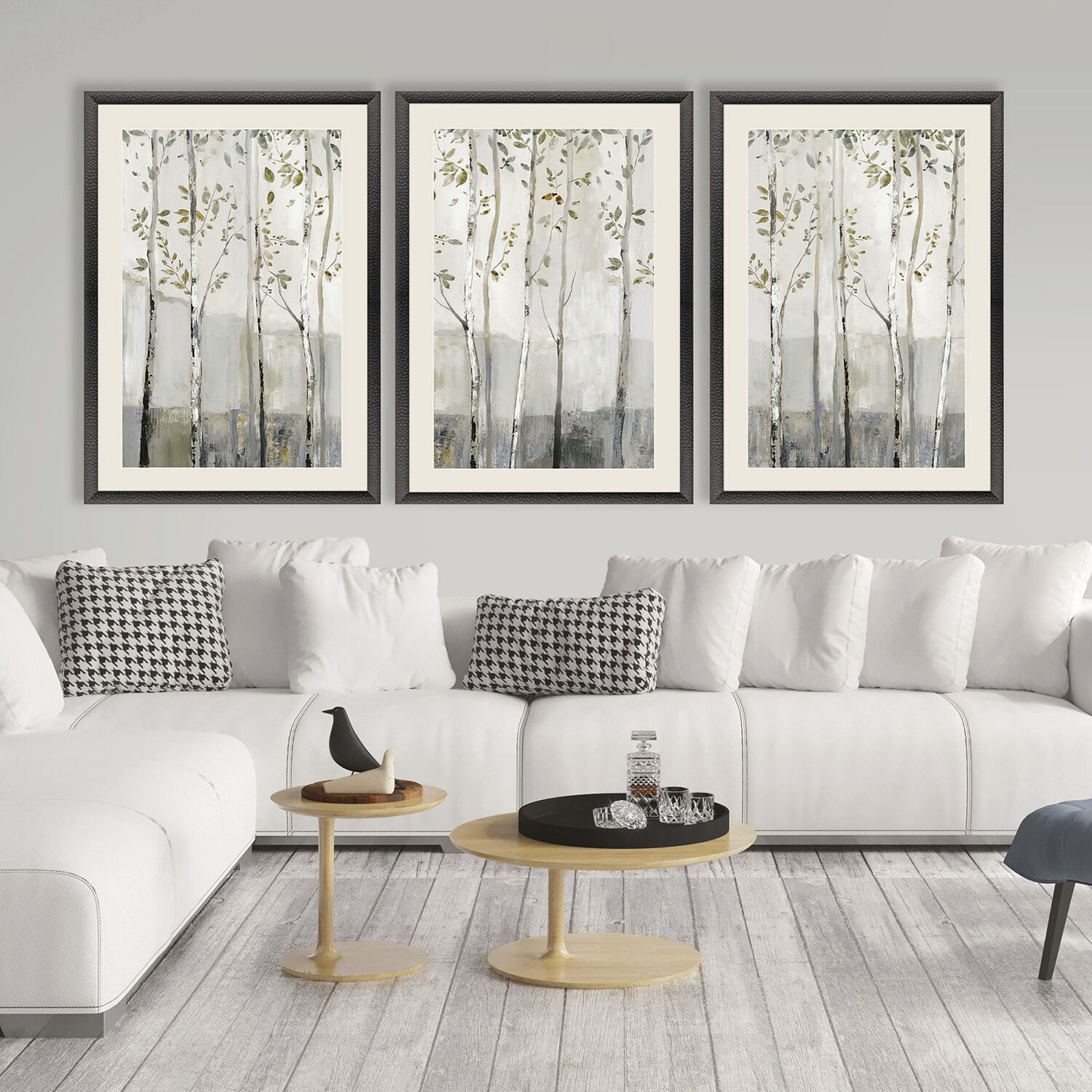 Blue Birch Serenade Gray and Green and Neutral and White Framed Art