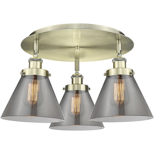 Cone 3 Light 19.5 inch Antique Brass Flush Mount Ceiling Light in Plated Smoke