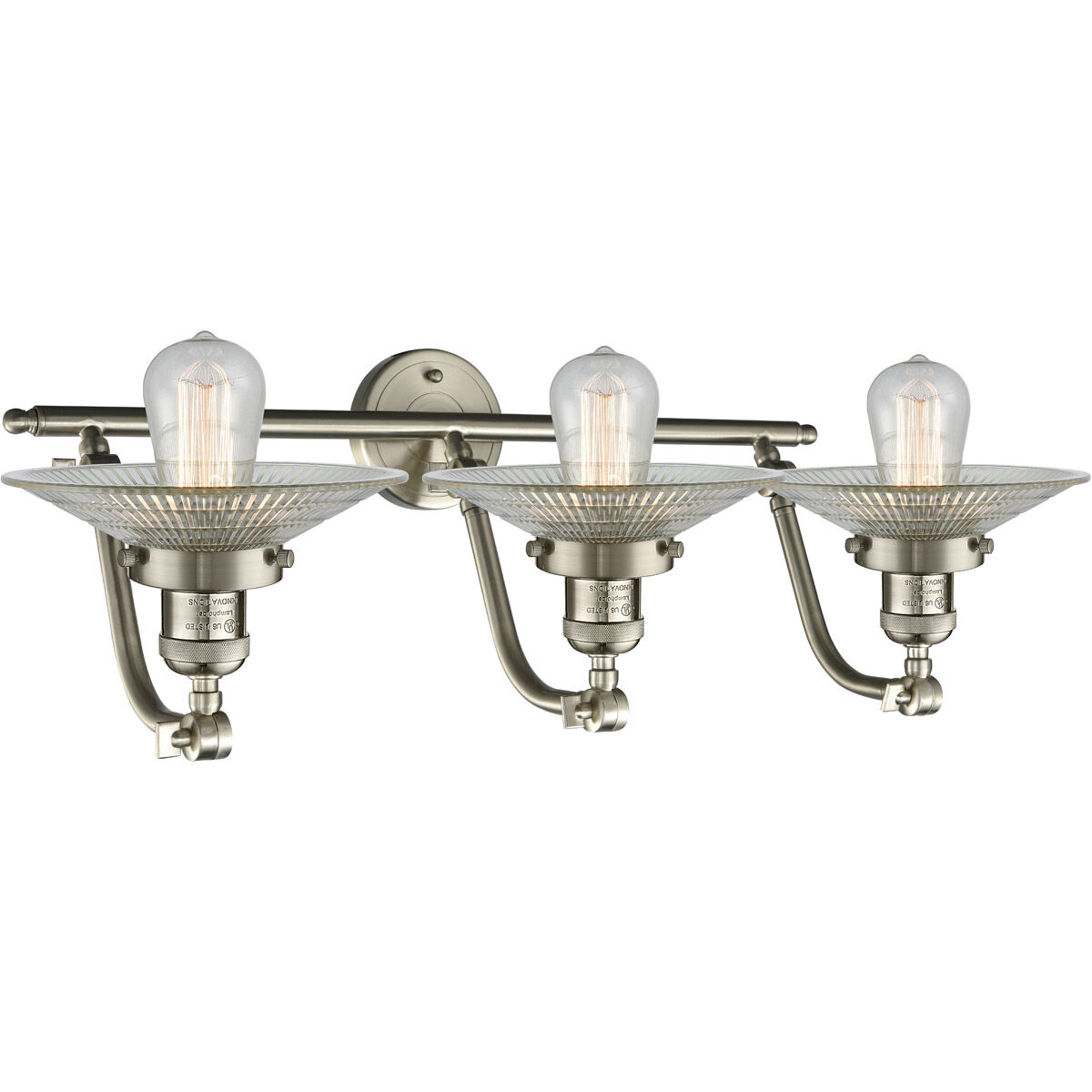Franklin Restoration Halophane 3 Light 28 inch Brushed Satin Nickel Bath Vanity Light Wall Light in Clear Halophane Glass, Franklin Restoration