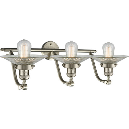 Franklin Restoration Halophane 3 Light 28 inch Brushed Satin Nickel Bath Vanity Light Wall Light in Clear Halophane Glass, Franklin Restoration
