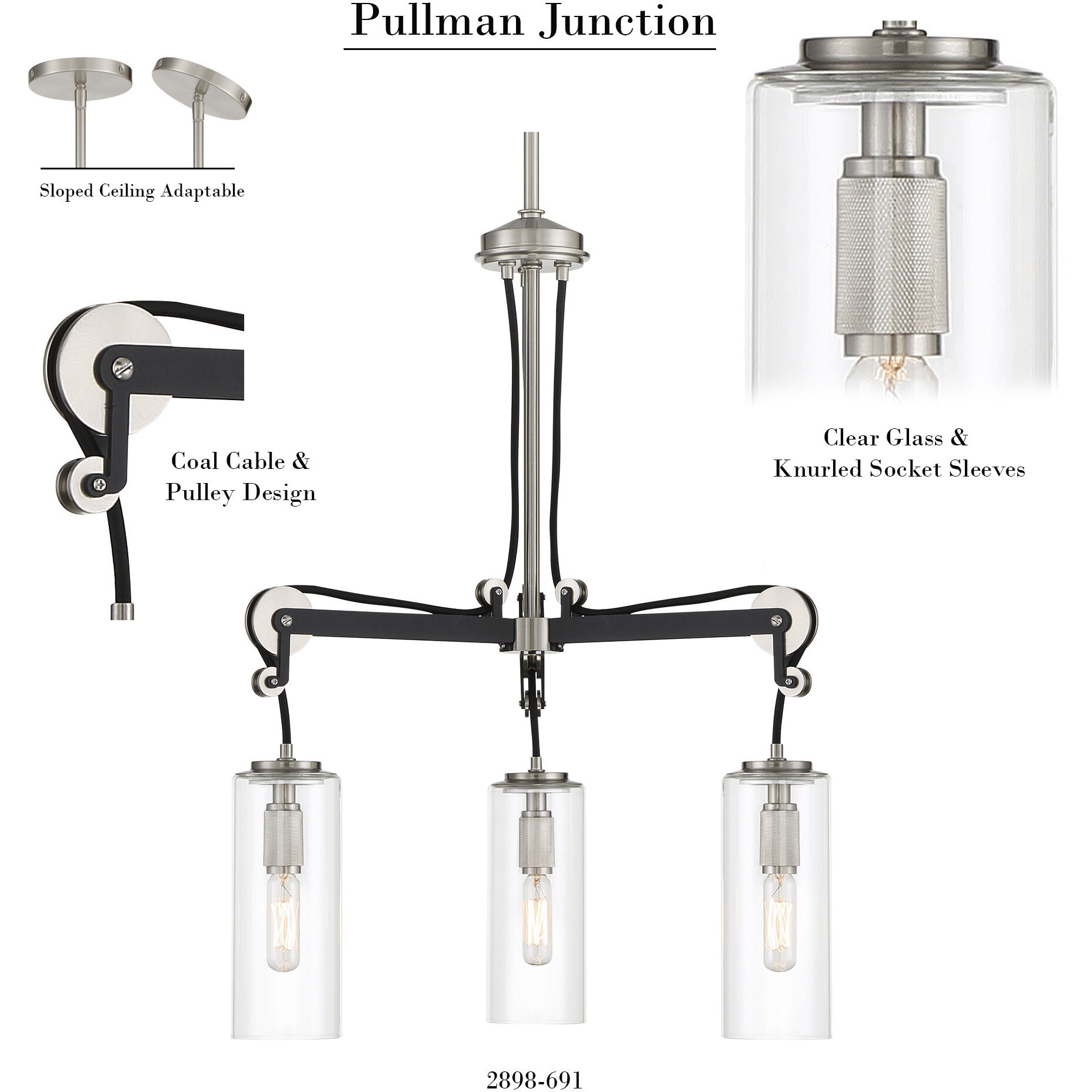 Pullman Junction 3 Light 20 inch Coal / Brushed Nickel Chandelier Ceiling Light
