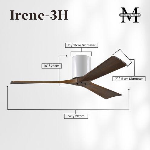 Atlas Irene-3H 52 inch Gloss White with Walnut Tone Blades Ceiling Mount Paddle Fan, Flush Mounted
