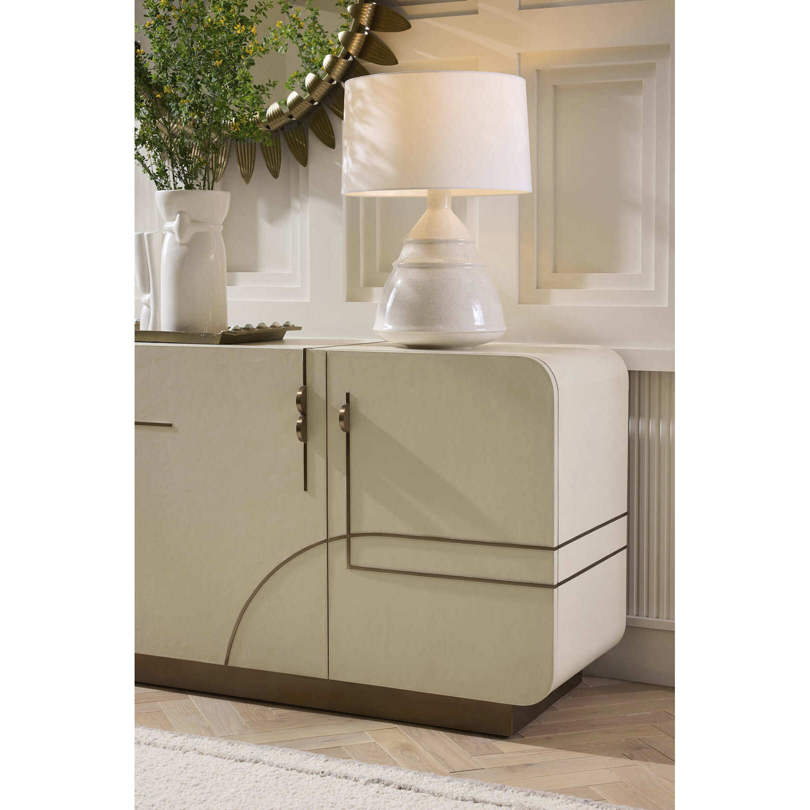 Montevito 84.5 inch Ivory and Antique Brass with Satin Walnut Credenza