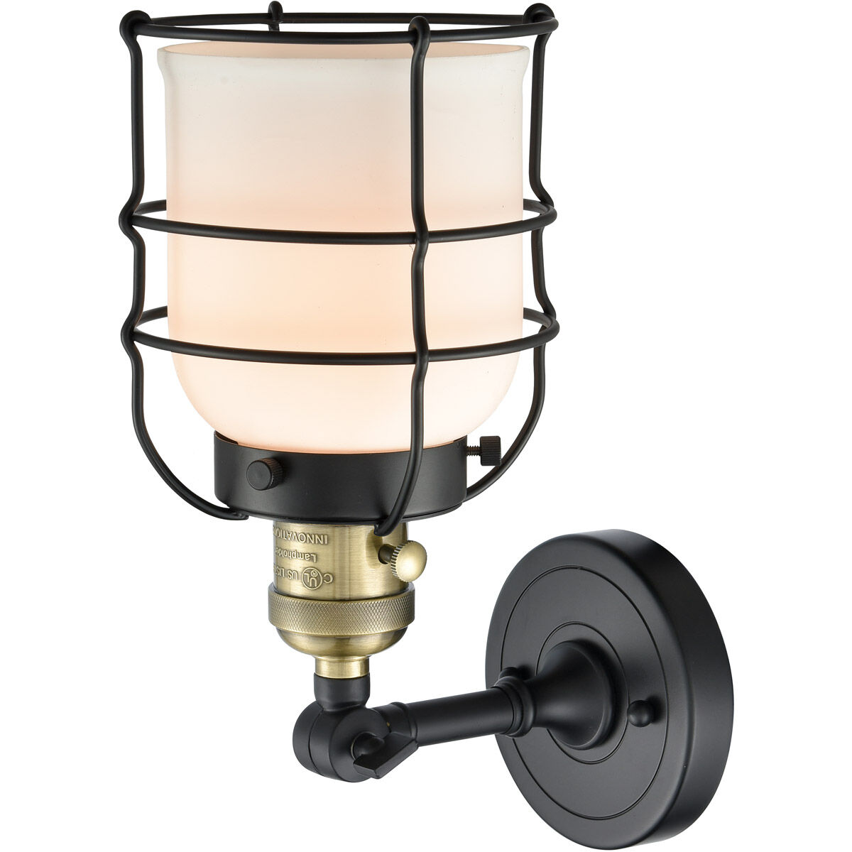 Franklin Restoration Small Bell Cage 1 Light 6 inch Black Antique Brass Sconce Wall Light in Matte White Glass, Franklin Restoration
