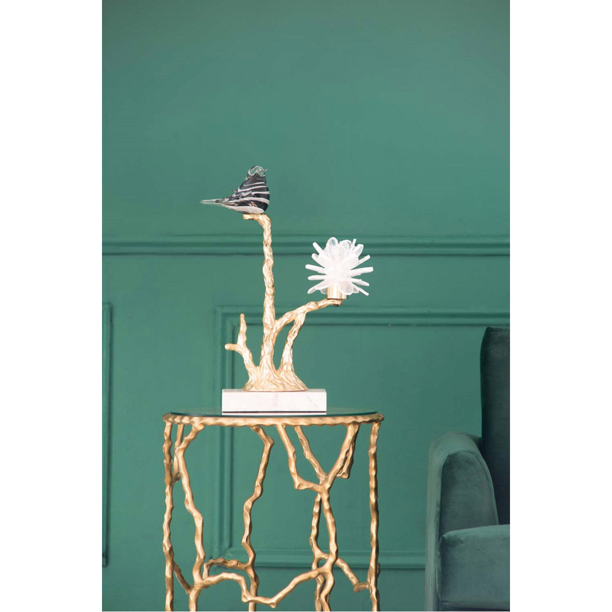 Sitting Bird on Branch Gold and White Décor