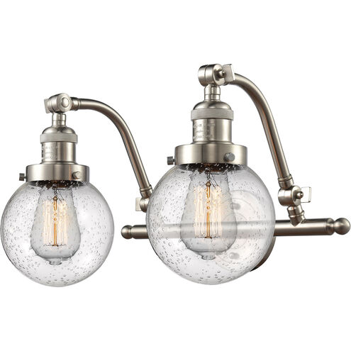 Franklin Restoration Beacon 2 Light 16 inch Brushed Satin Nickel Bath Vanity Light Wall Light in Seedy Glass, Franklin Restoration