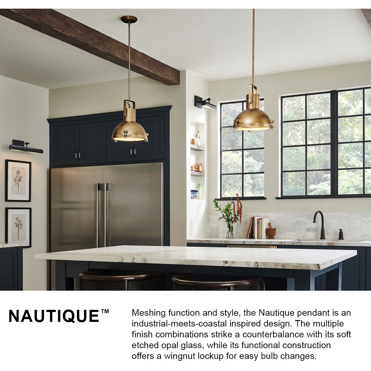 Nautique 1 Light 13 inch Polished Nickel with Gloss Black Indoor Pendant Ceiling Light in Etched Opal