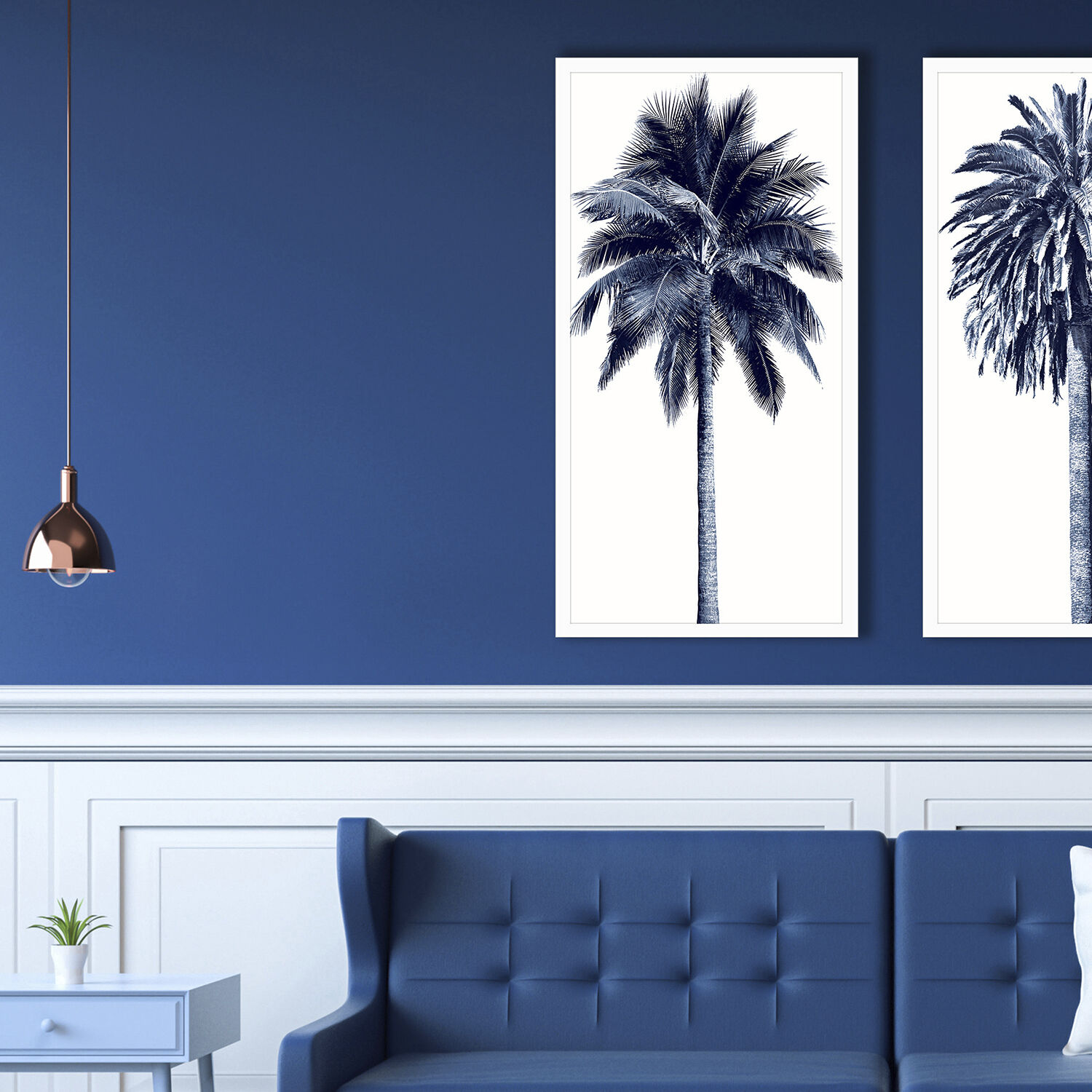 Palm Tree Blue Blue and White Framed Art