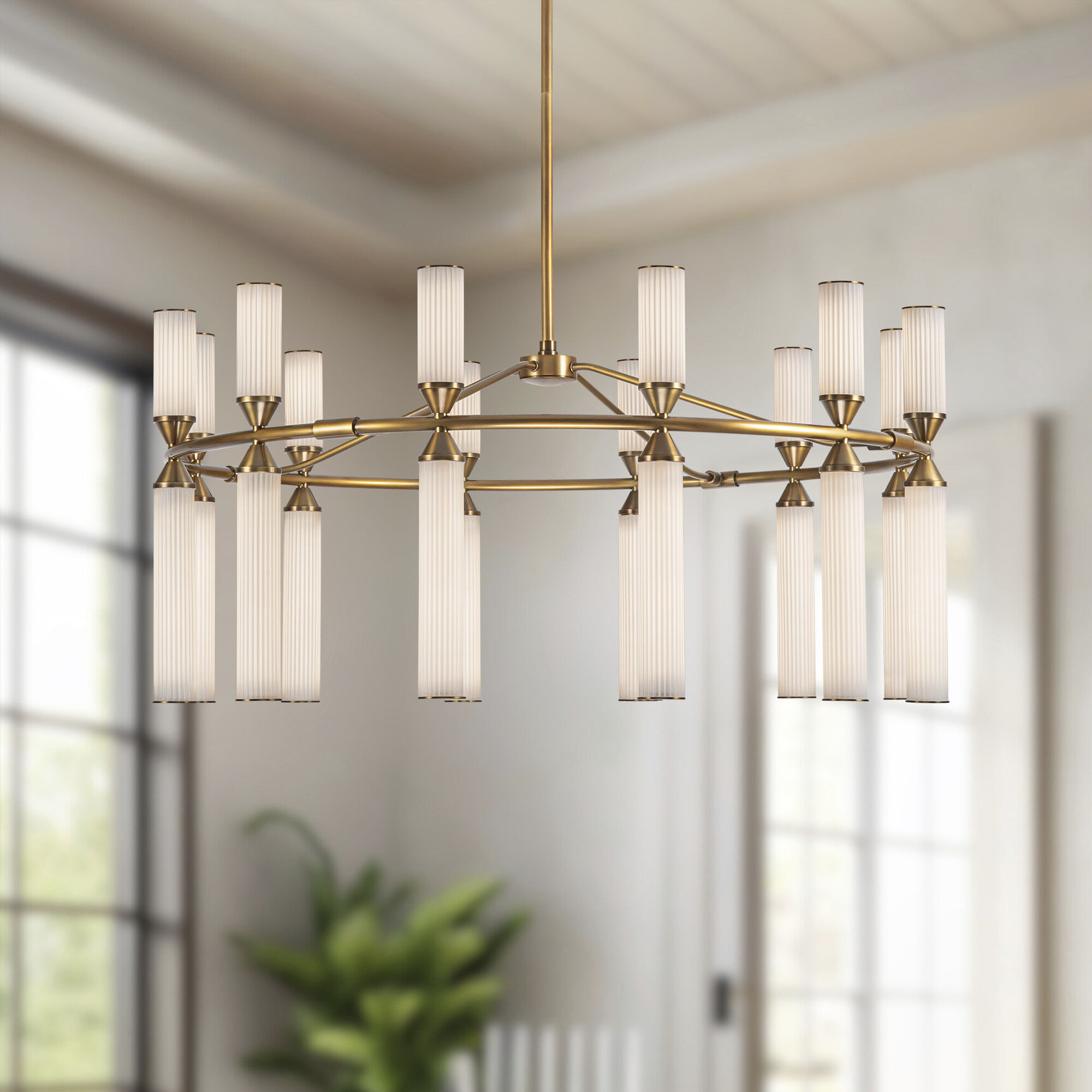 Edwin LED 37.5 inch Vintage Brass/Frosted Ribbed Glass Chandelier Ceiling Light