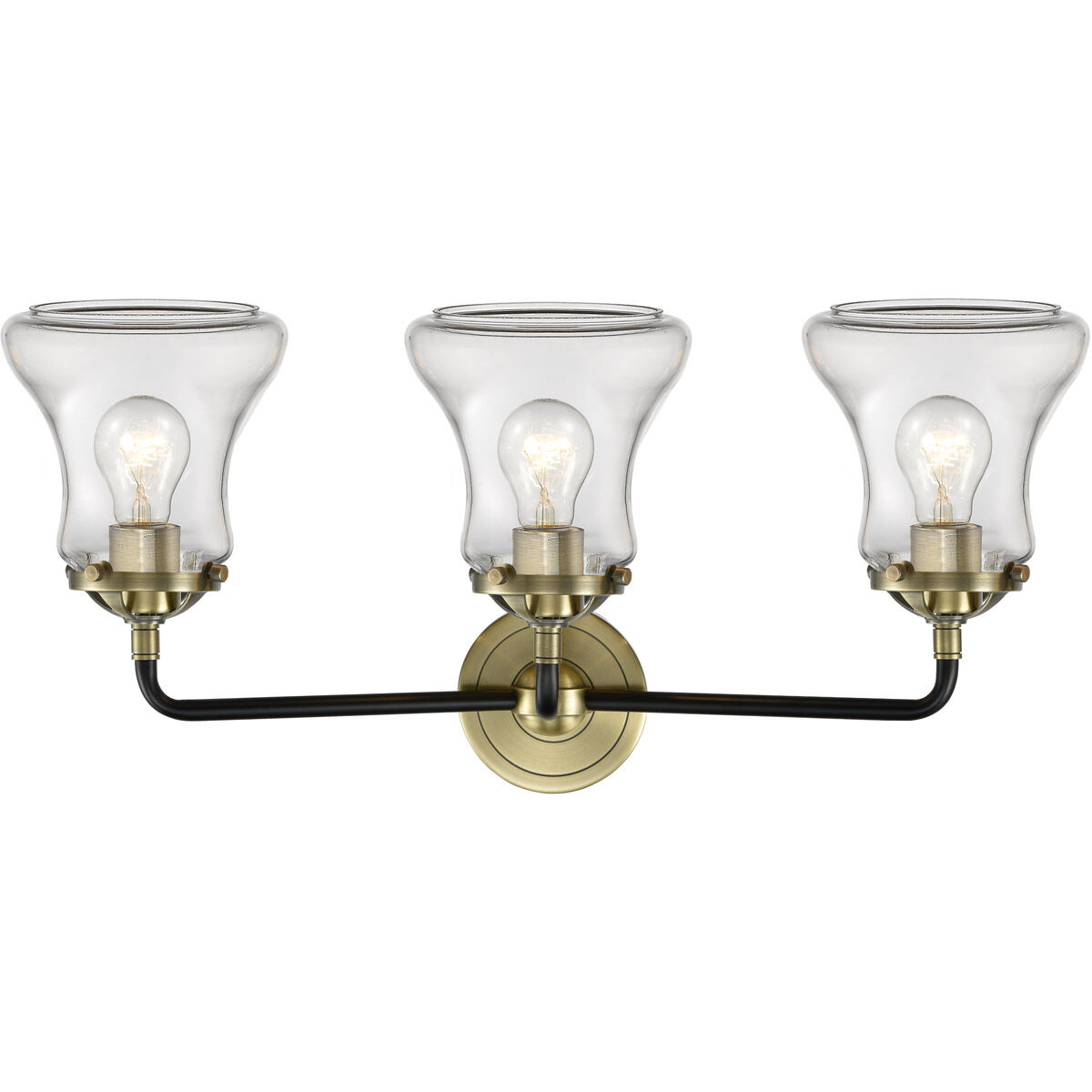 Nouveau Bellmont 3 Light 24 inch Black Antique Brass Bath Vanity Light Wall Light in Clear Glass, Nouveau