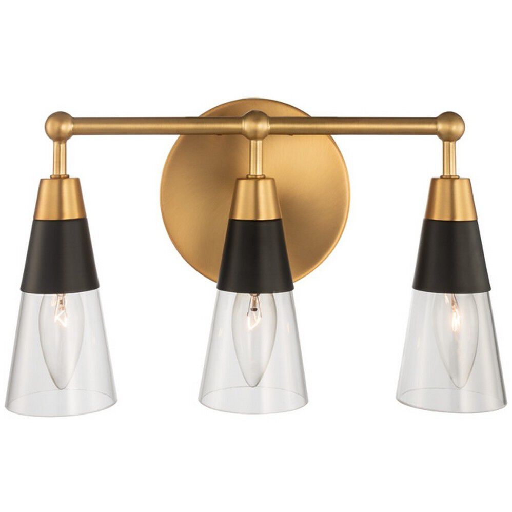 Ponti 3 Light 14 inch Matte Black with New Brass Bath Vanity Light Wall Light