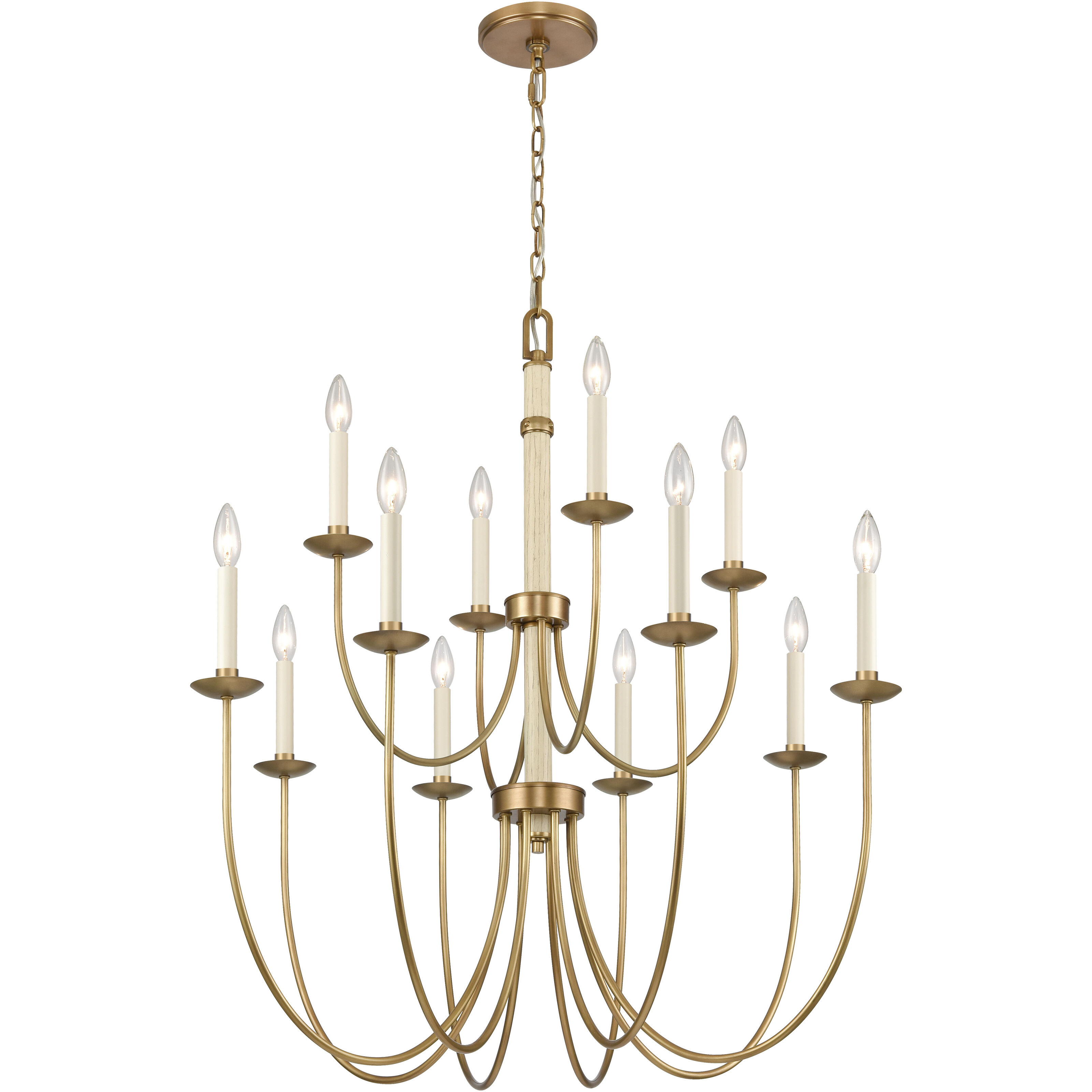 Neville 12 Light 34 inch Natural Brass with Bleached White Wood and Off White Chandelier Ceiling Light