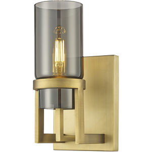 Utopia 1 Light 6 inch Brushed Brass Sconce Wall Light in Plated Smoke Glass