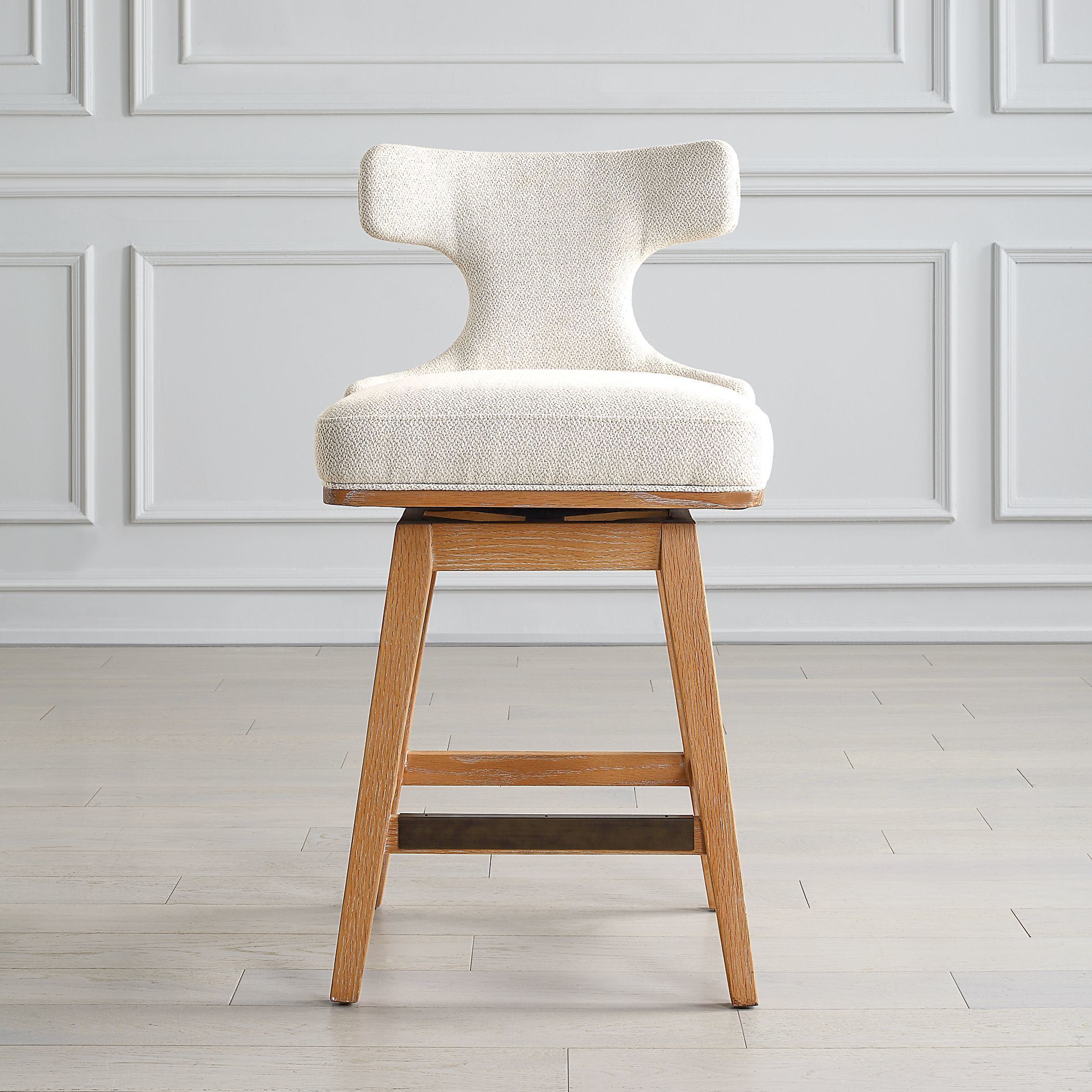 Klismos 38.25 inch Textured Off-white Fabric and Natural Oak Counter Stool
