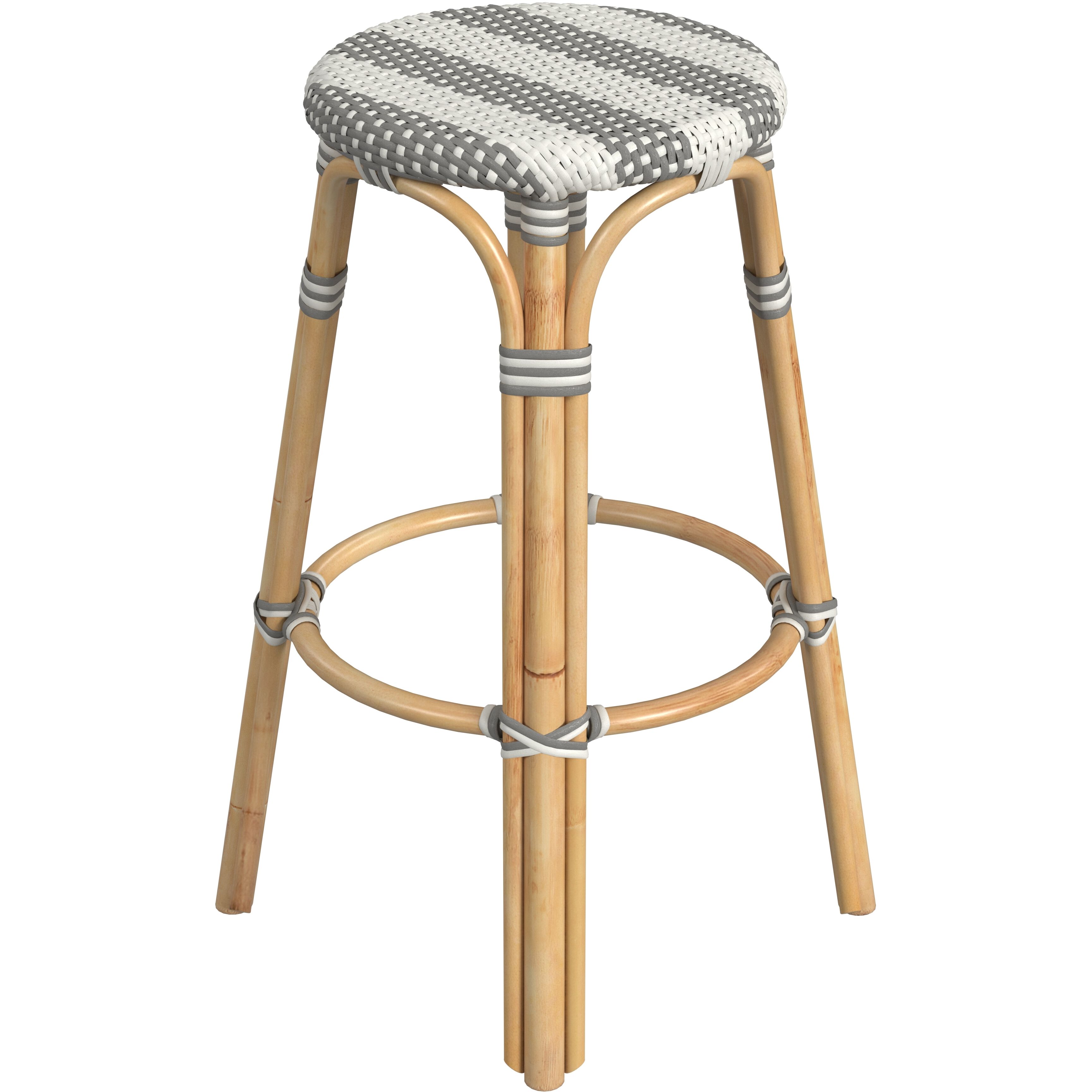 Tobias Round Rattan 30" Bar Stool in Gray and White Stripe