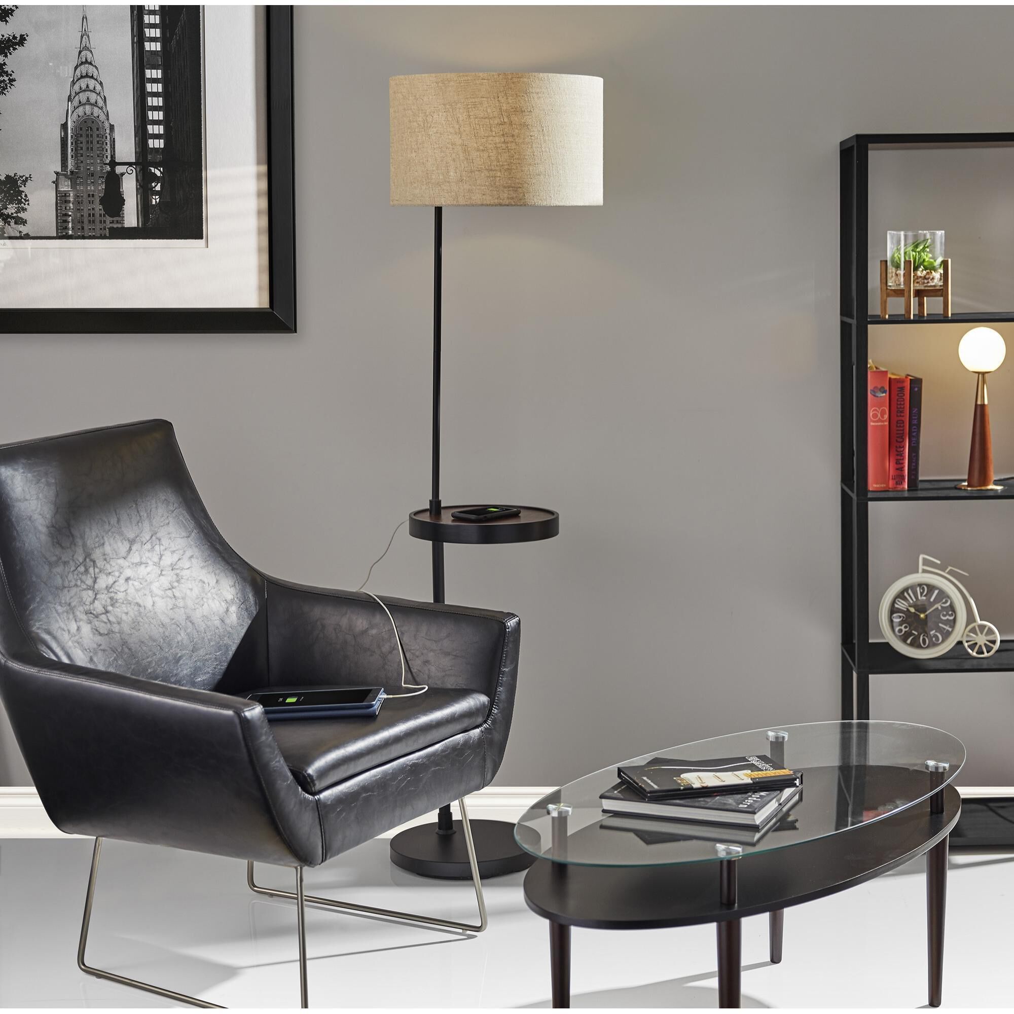 Adesso 3691 01 Oliver 64 inch 150.00 watt Matte Black and Walnut Wood Shelf Floor Lamp Portable Light with AdessoCharge Wireless Charging Pad and USB Port