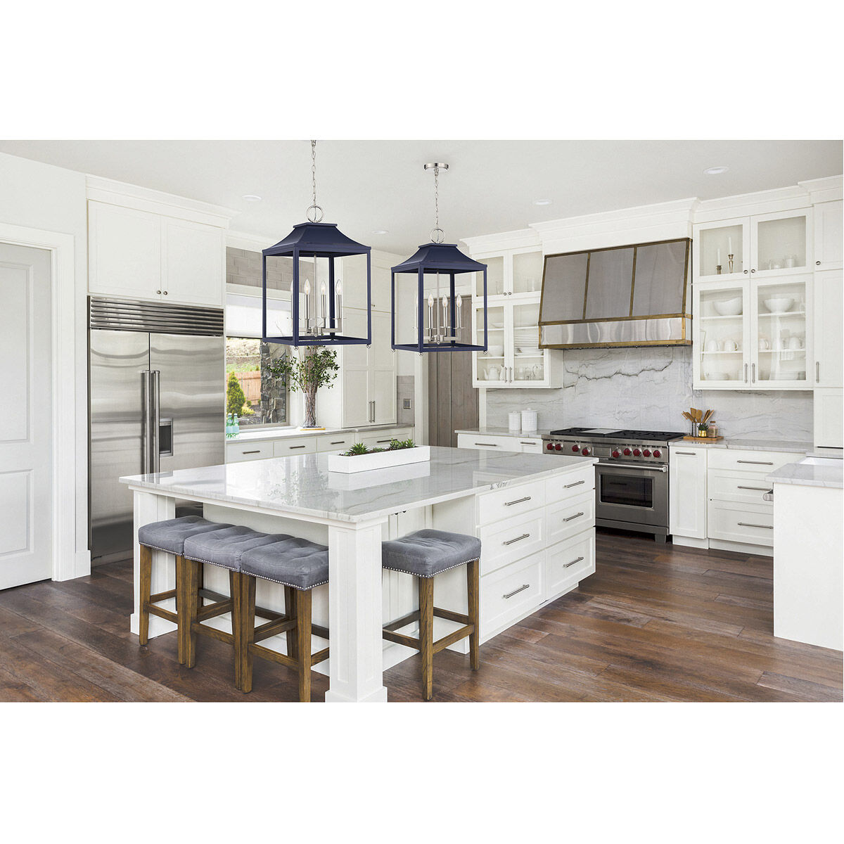 Contemporary 4 Light 15.25 inch Navy Blue with Polished Nickel Pendant Ceiling Light