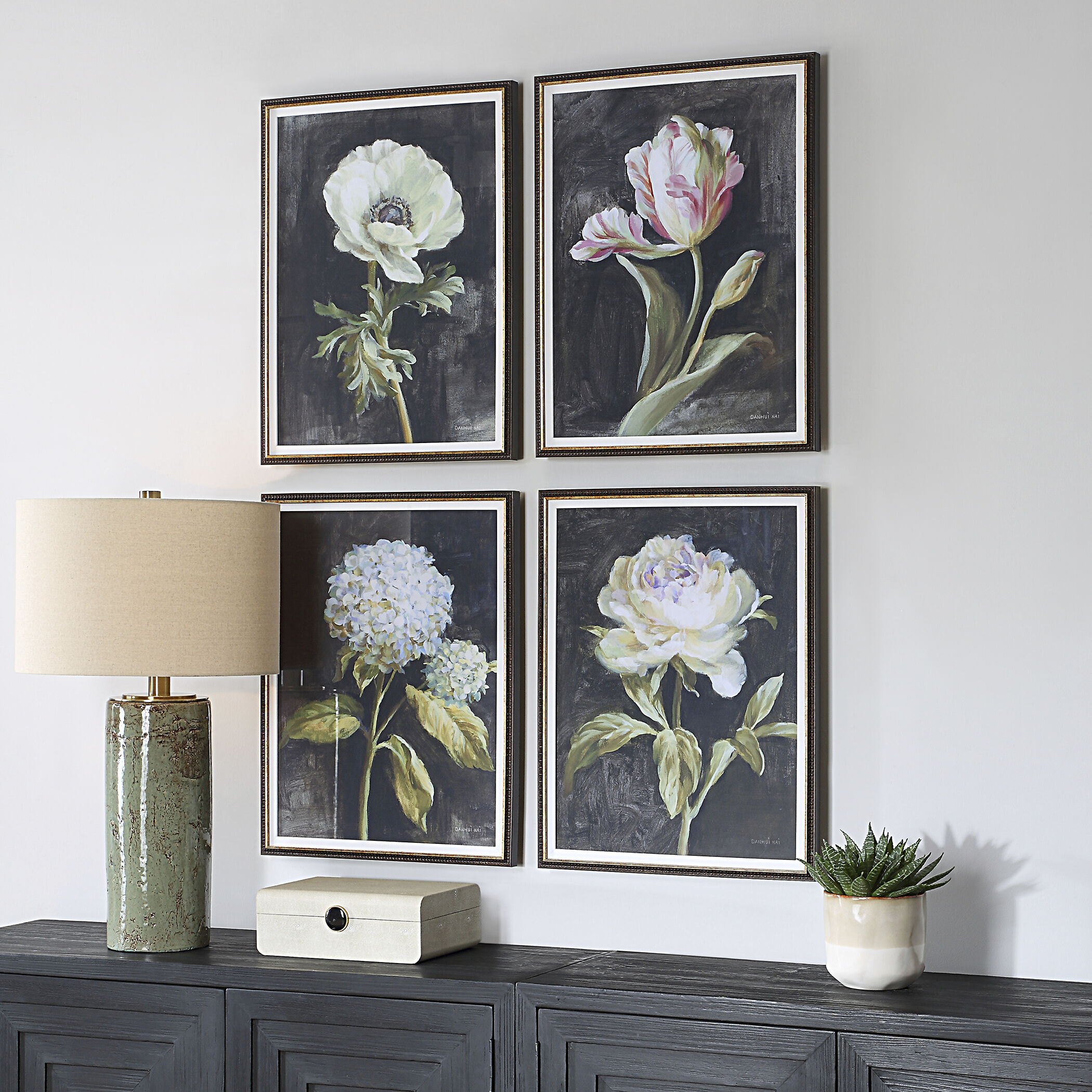 Florals On Black 26 X 20 inch Framed Prints, Set of 4