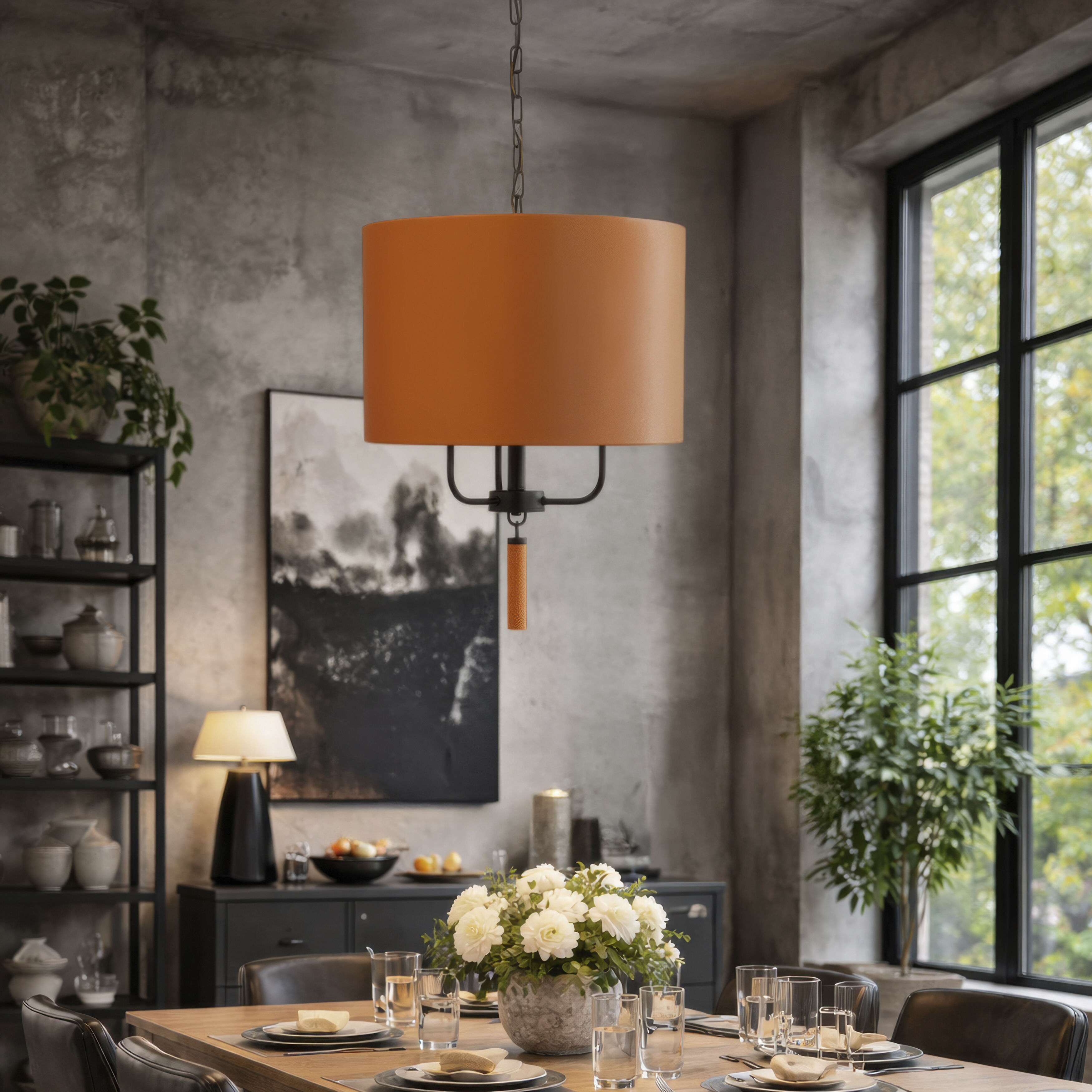 Secret Agent 3 Light 18 inch Black and Camel Leather Pendant Ceiling Light