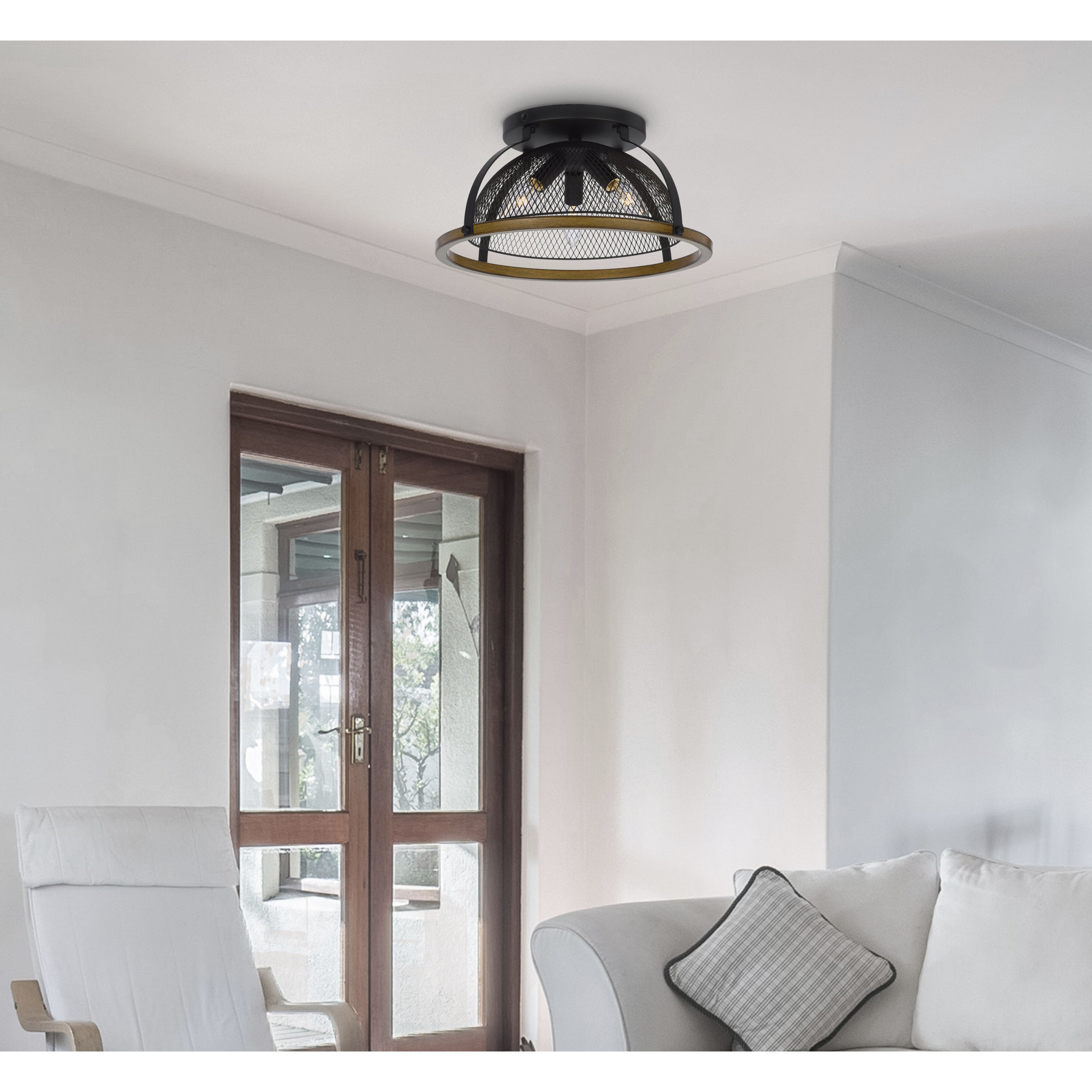 Longmont 3 Light 16 inch Black and Wood Semi Flush Mount Ceiling Light