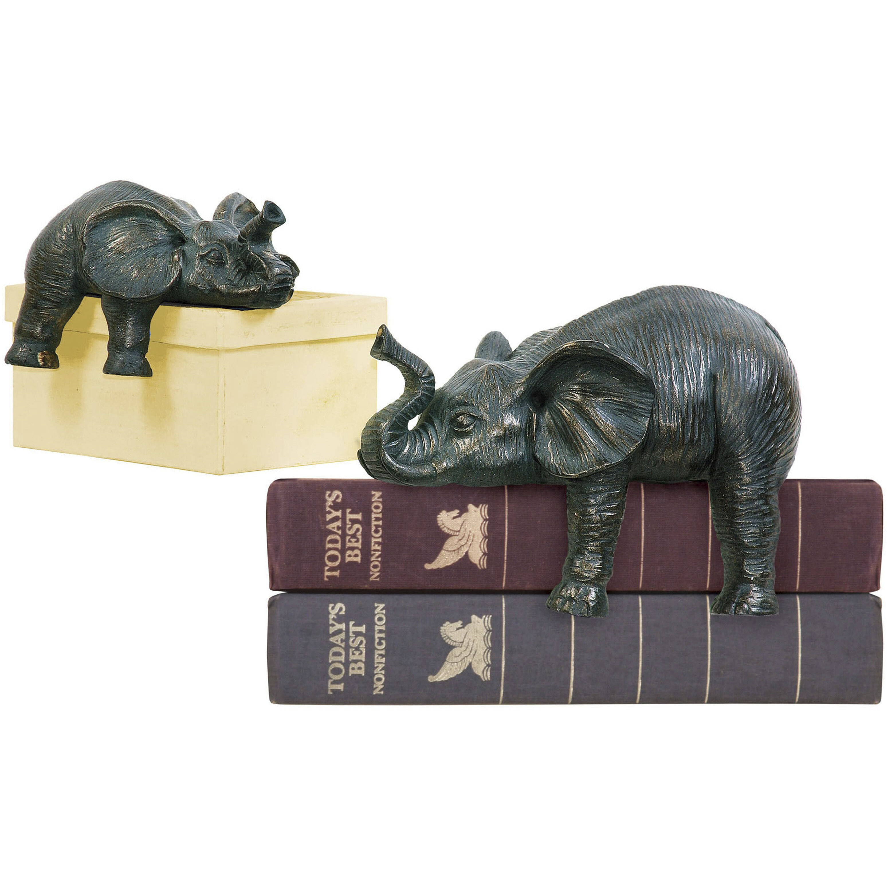 Sprawling Elephant 6.75 X 2.75 inch Aged Bronze with Green Bookends, Set of 2