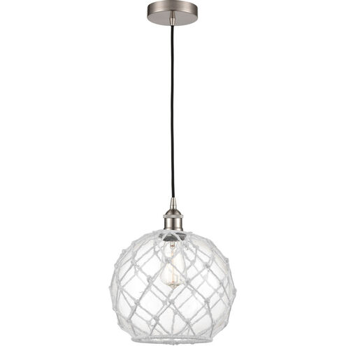Edison Farmhouse Rope LED 10 inch Brushed Satin Nickel Mini Pendant Ceiling Light in Clear Glass with White Rope