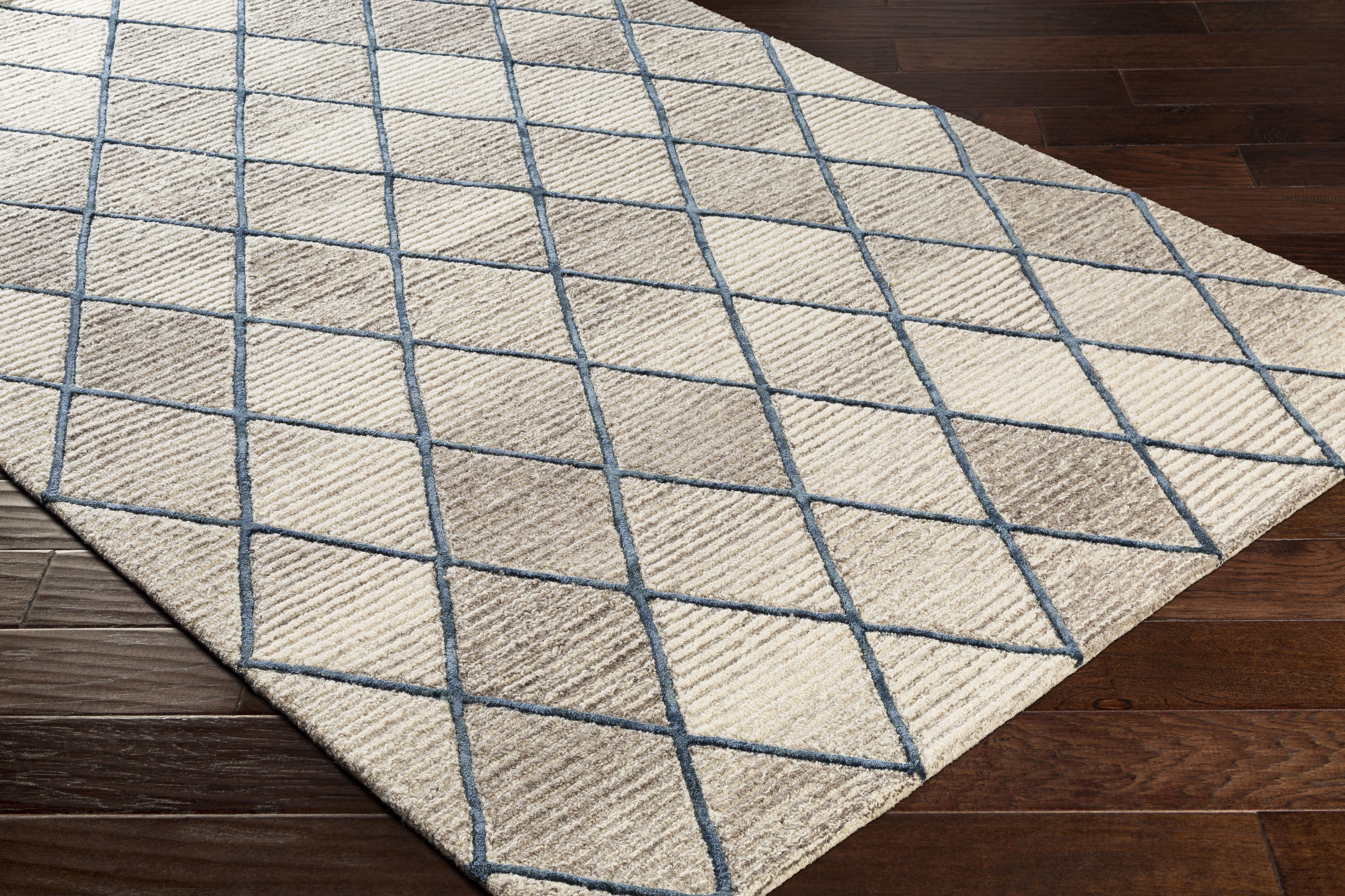 Eaton 108 X 72 inch Taupe/Dark Brown/Light Beige/Ink Blue Handmade Rug in 6 x 9, Rectangle