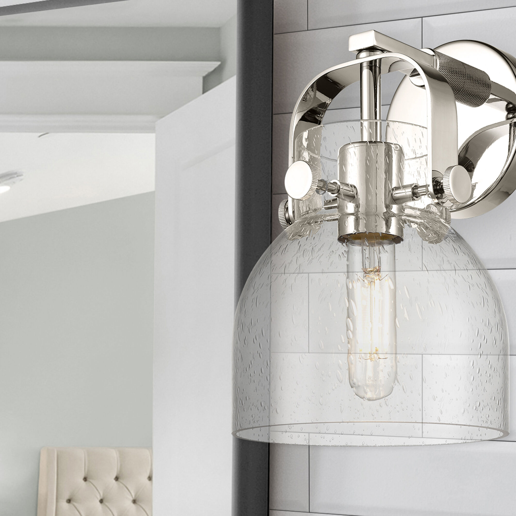 Pilaster II Bell Sconce Wall Light in Polished Nickel, Seedy Glass