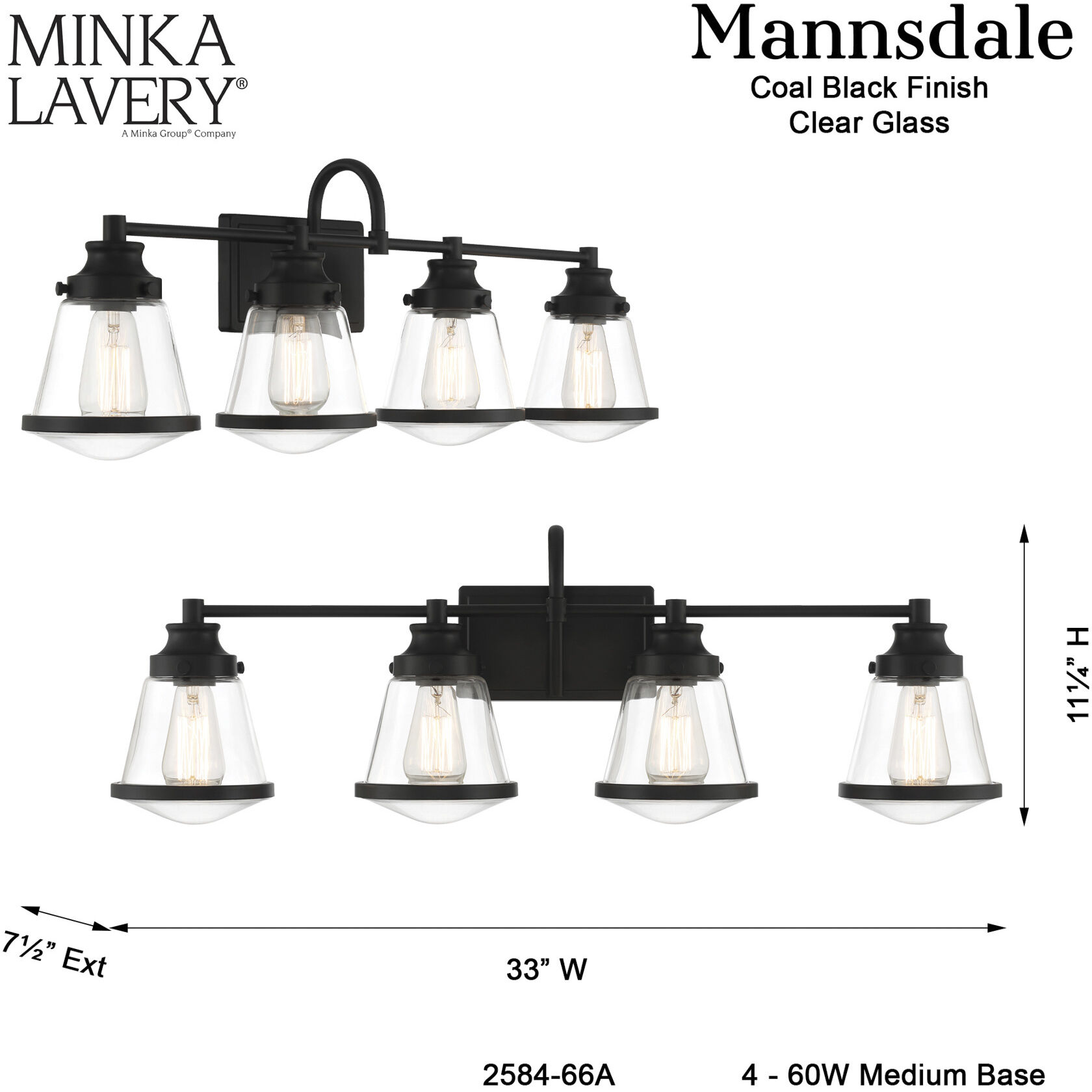 Mannsdale 4 Light 33 inch Coal Bath Vanity Wall Light